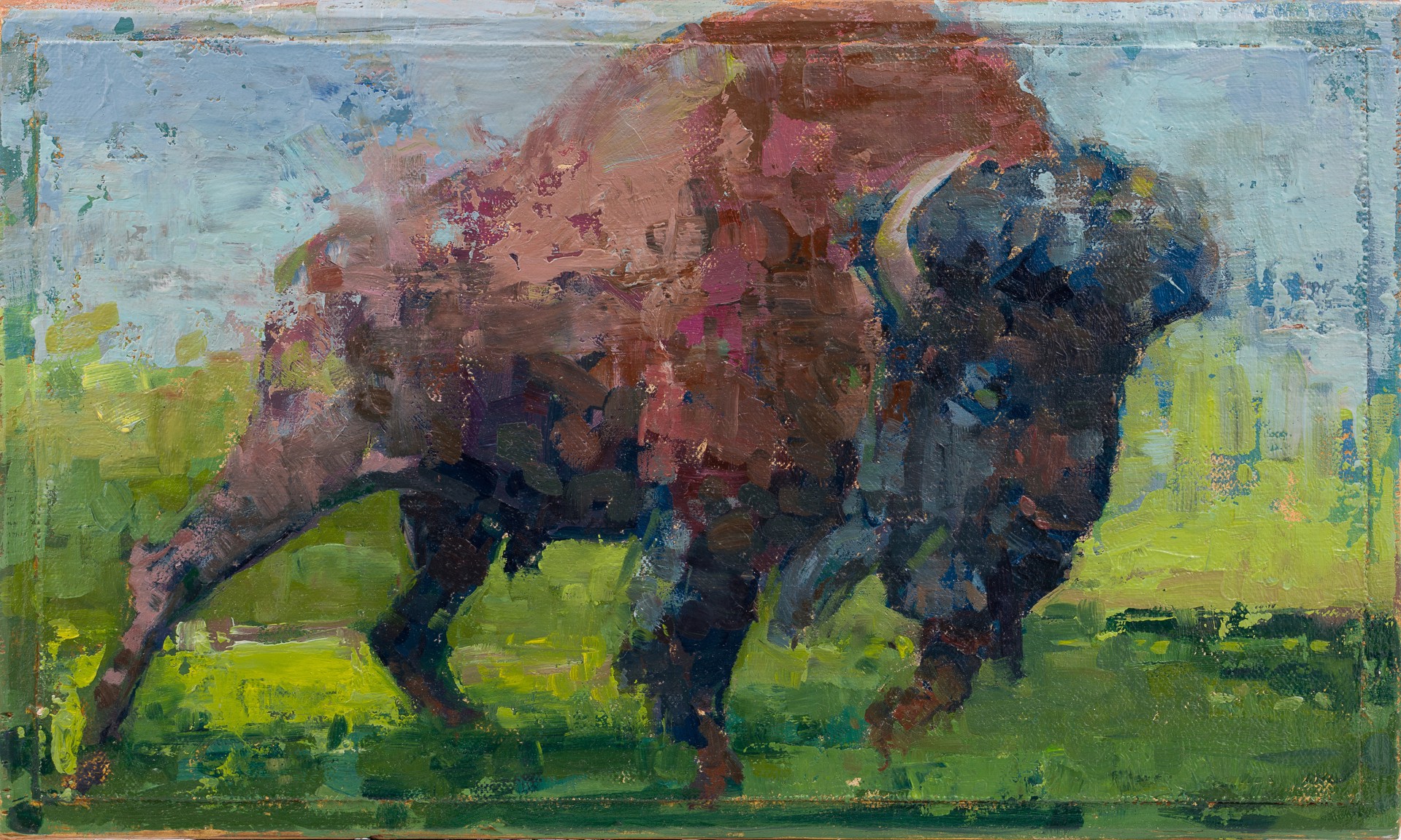A bold, textured painting of a large bovine figure charging forward.