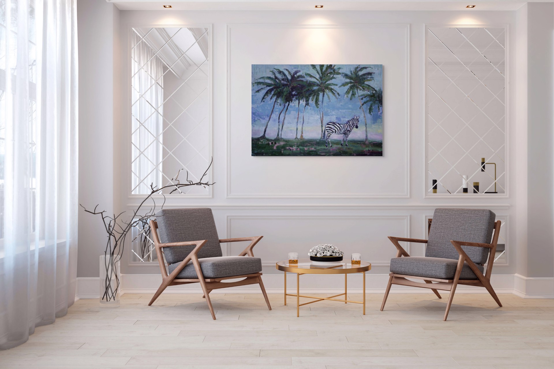 A painting of a zebra standing in front of palm trees.