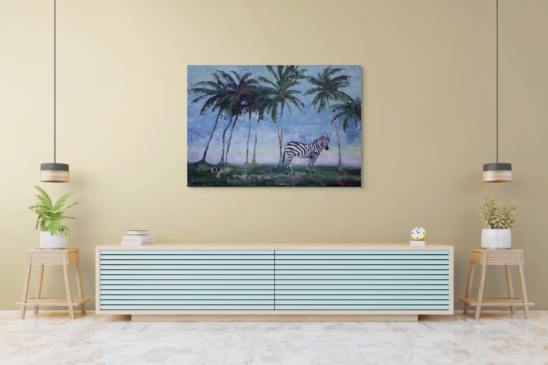 A painting of a zebra standing in front of palm trees.