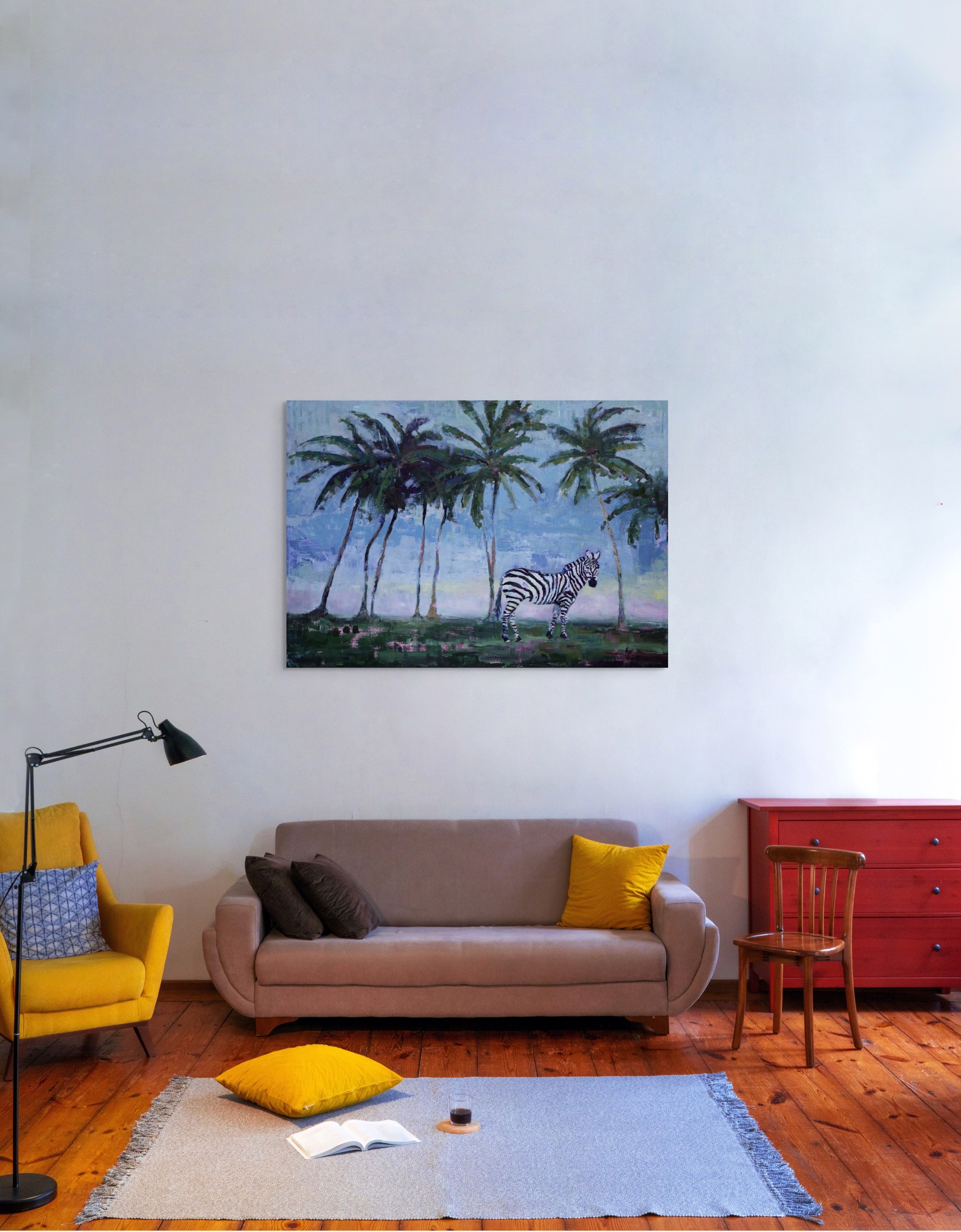 A painting of a zebra standing in front of palm trees.