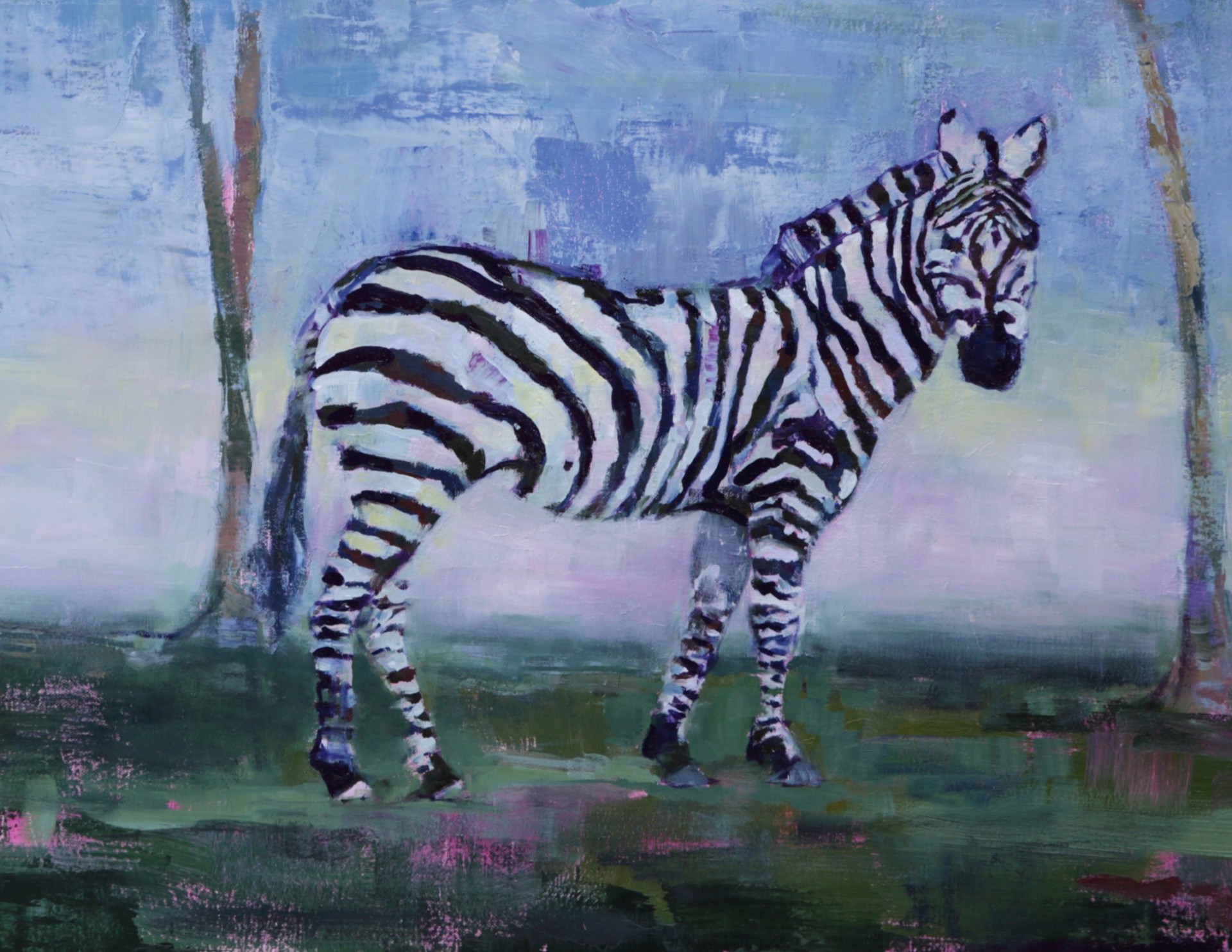 A painting of a zebra standing in front of palm trees.