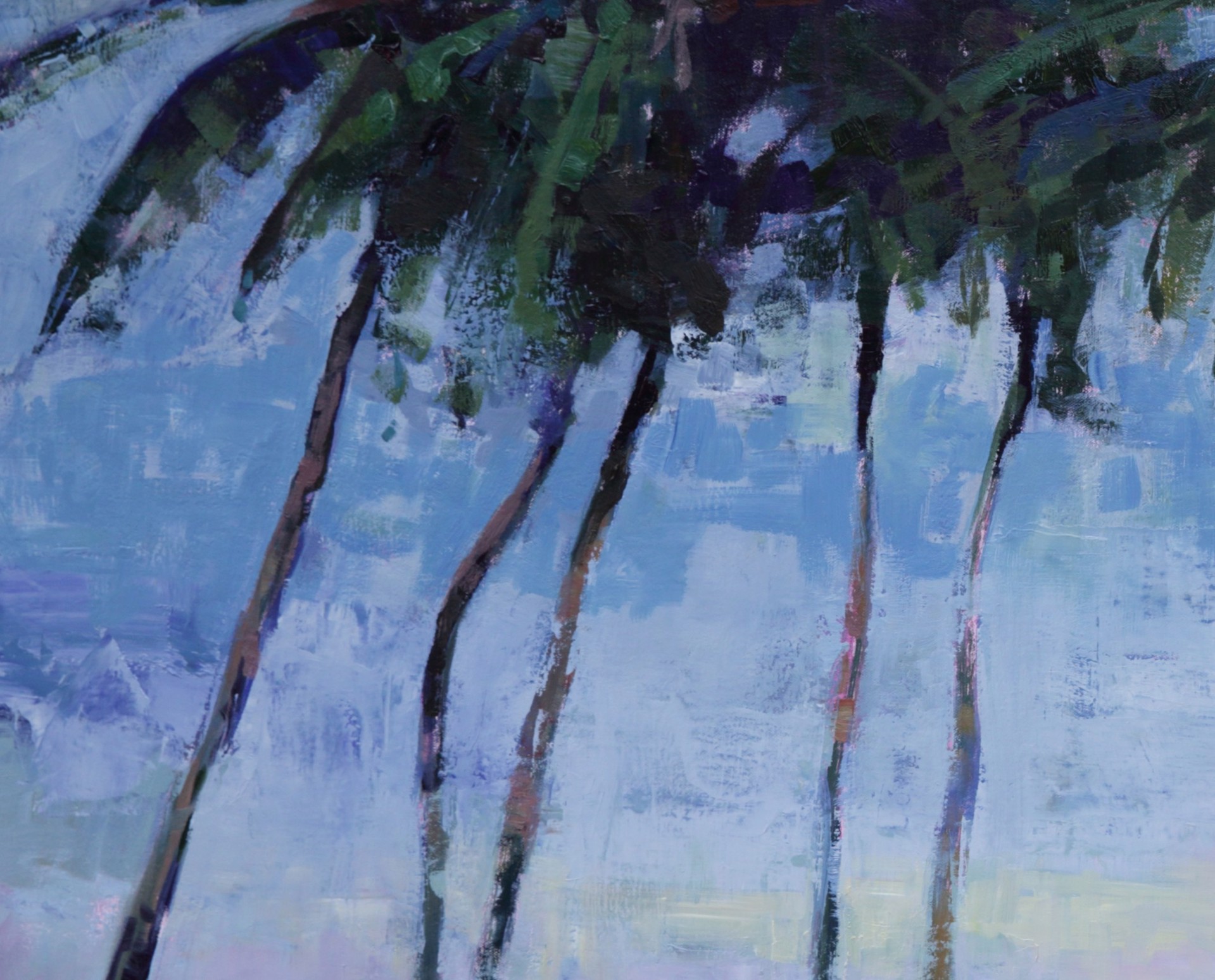 A painting of a zebra standing in front of palm trees.