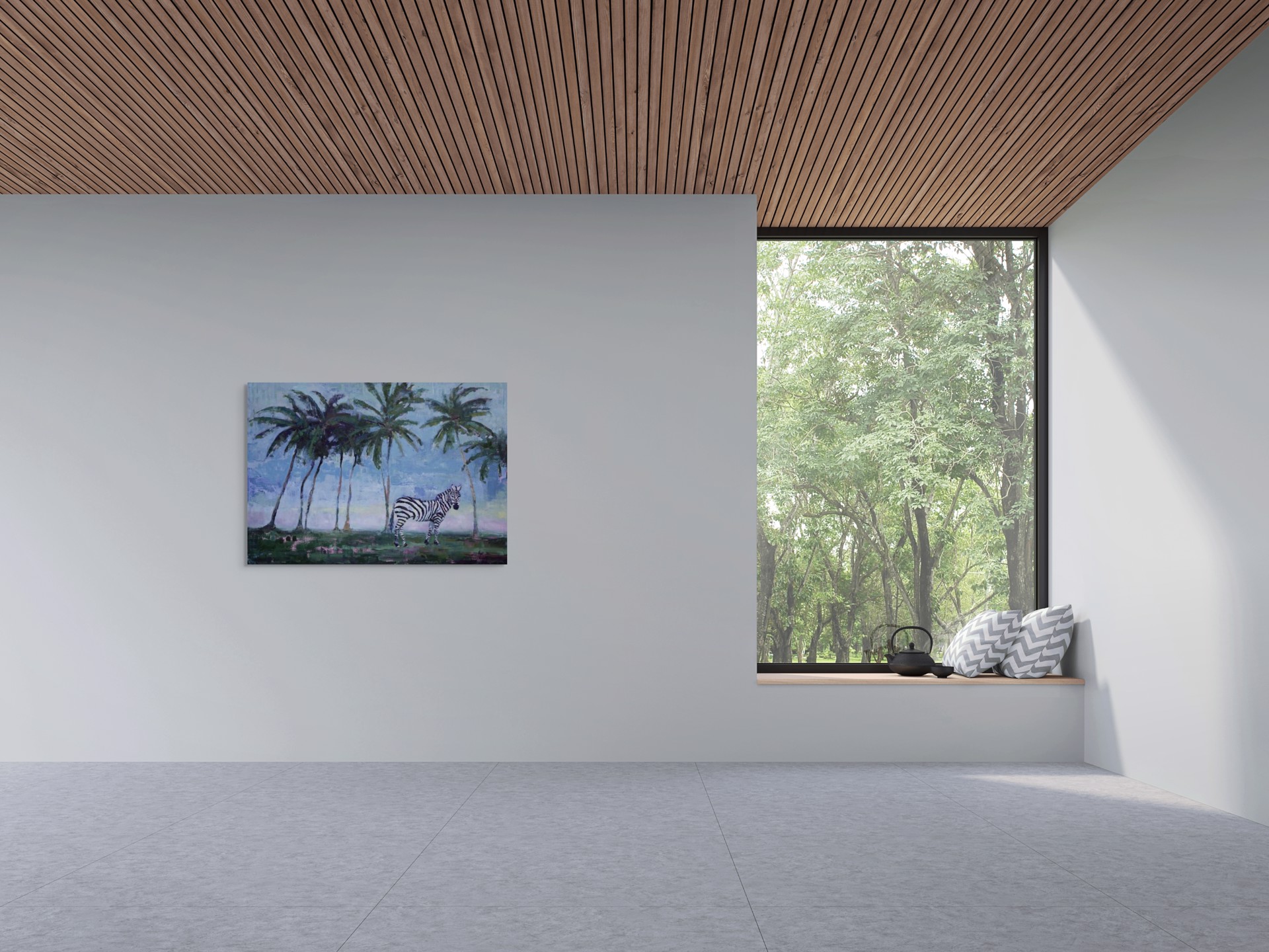 A painting of a zebra standing in front of palm trees.