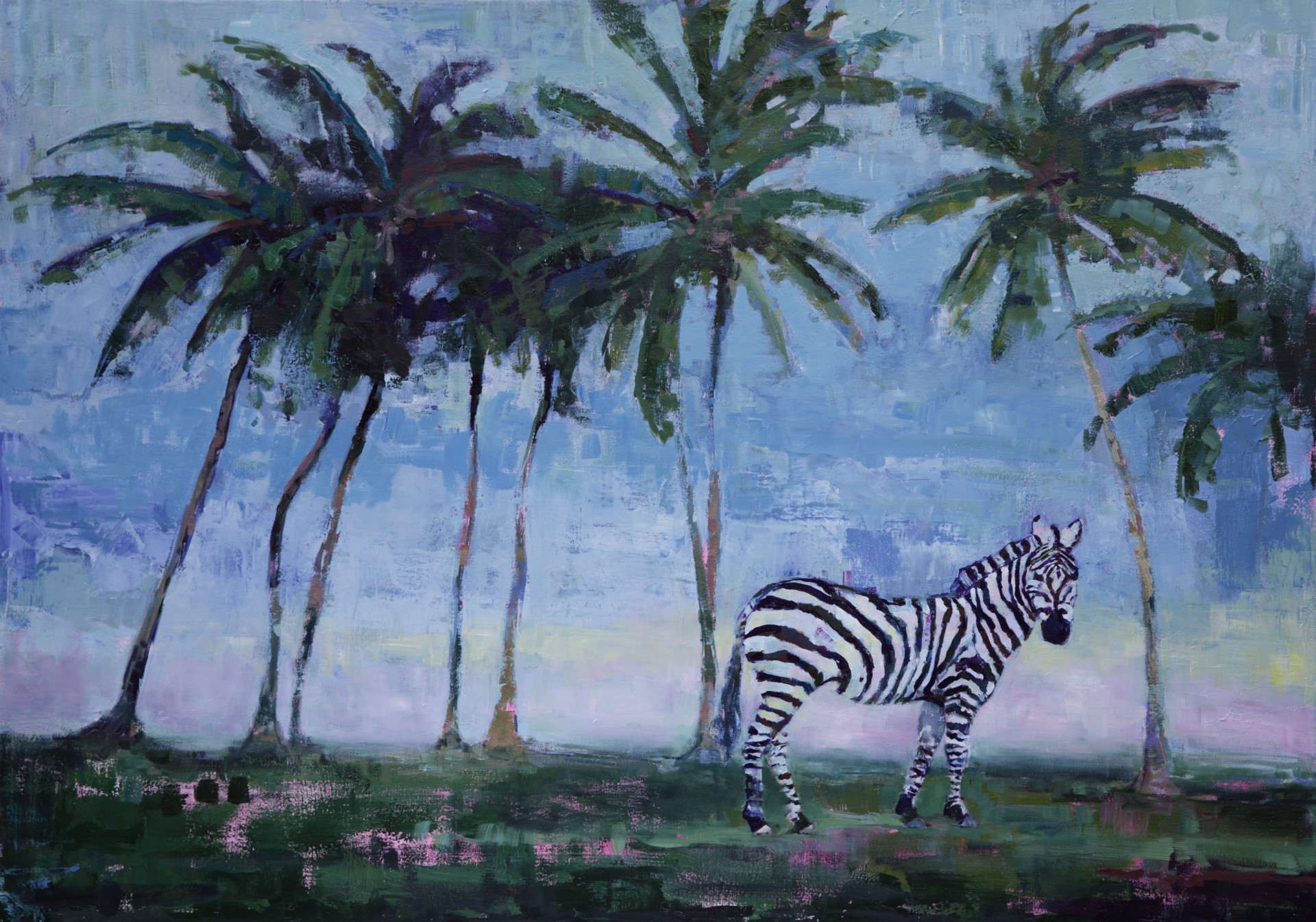 A painting of a zebra standing in front of palm trees.