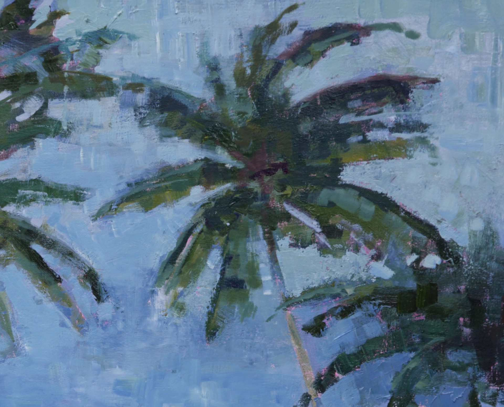 A painting of a zebra standing in front of palm trees.