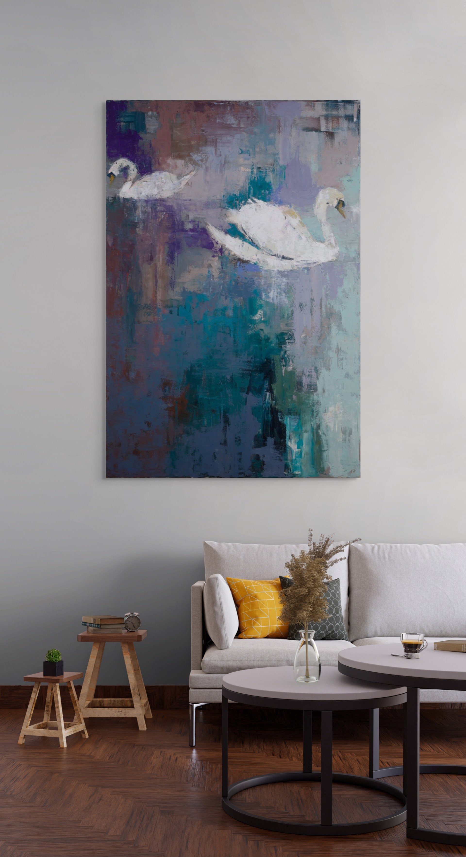 A painting of two white swans floating in a body of water.