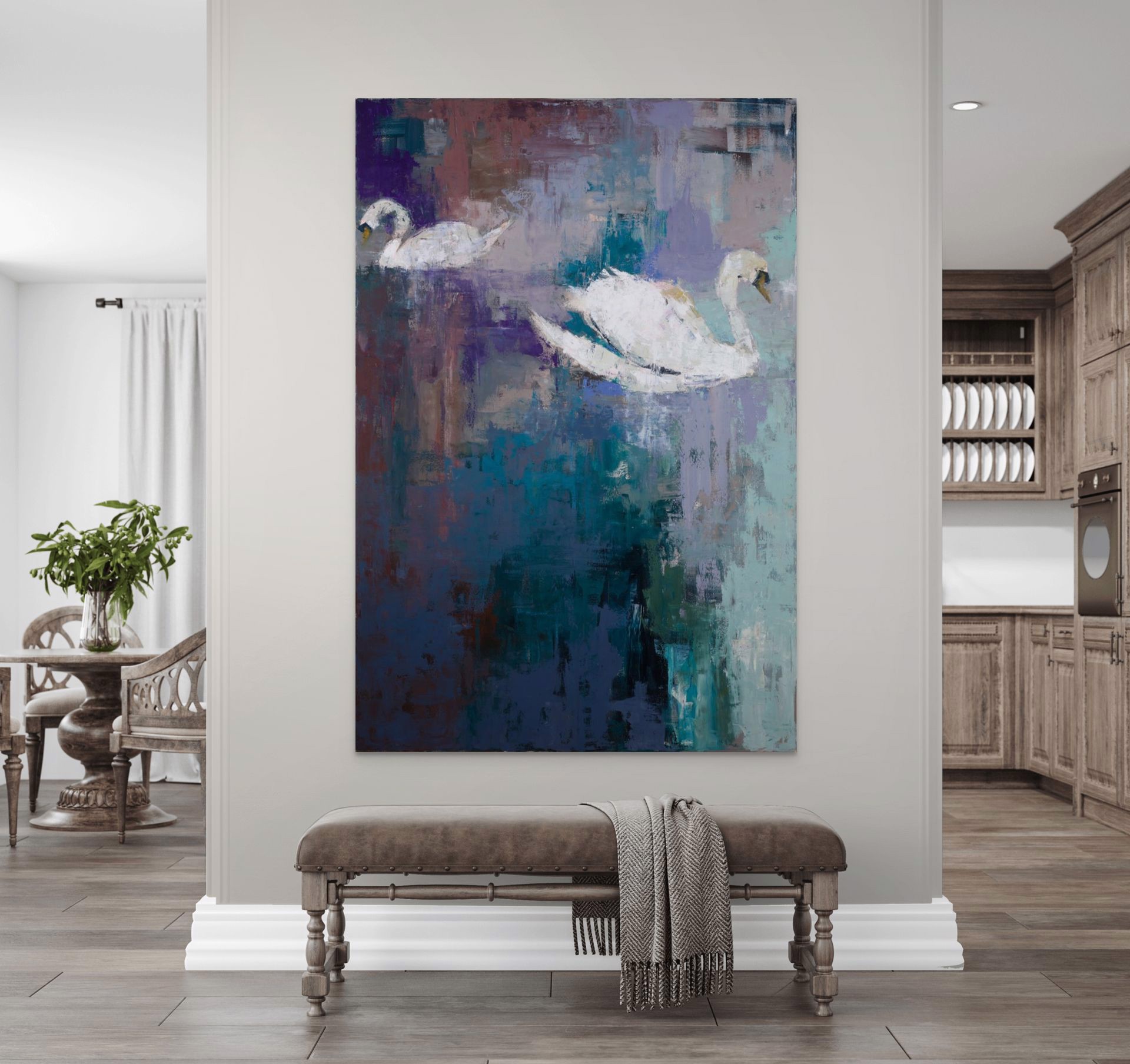 A painting of two white swans floating in a body of water.