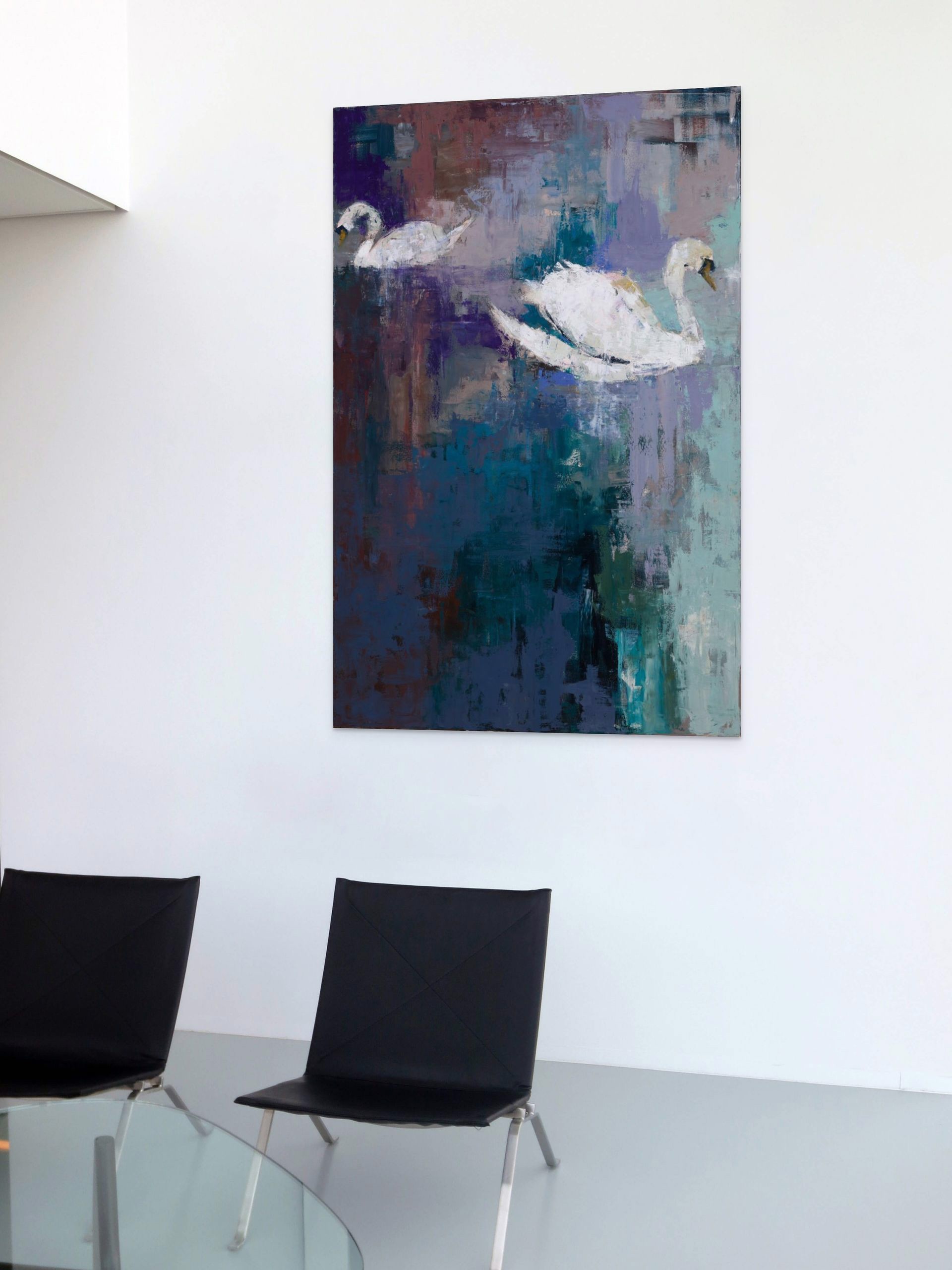 A painting of two white swans floating in a body of water.