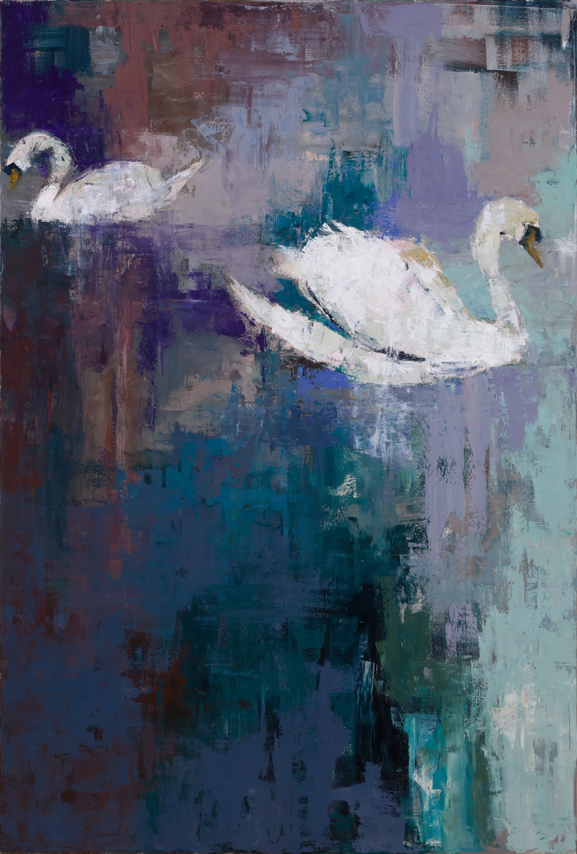 A painting of two white swans floating in a body of water.