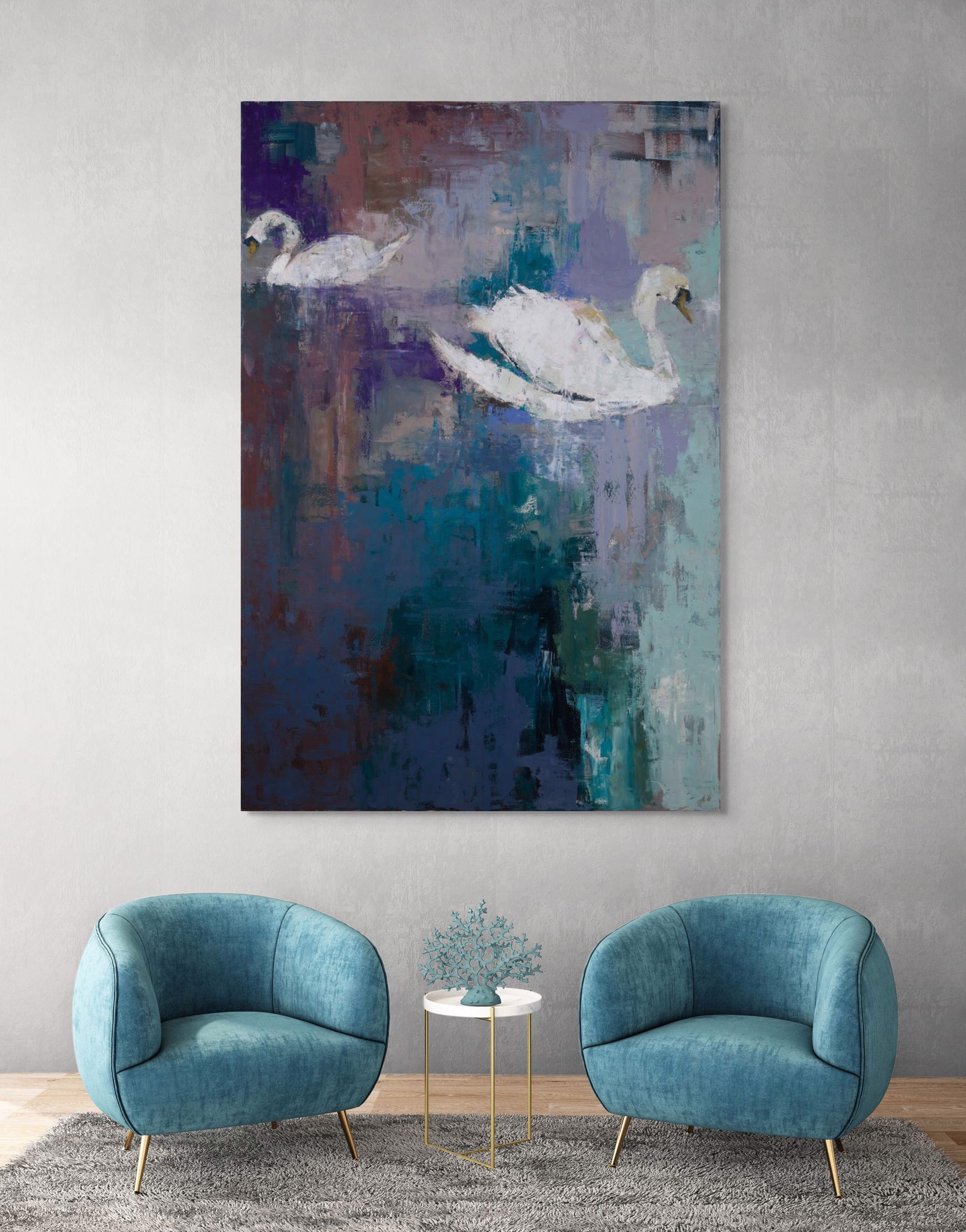 A painting of two white swans floating in a body of water.