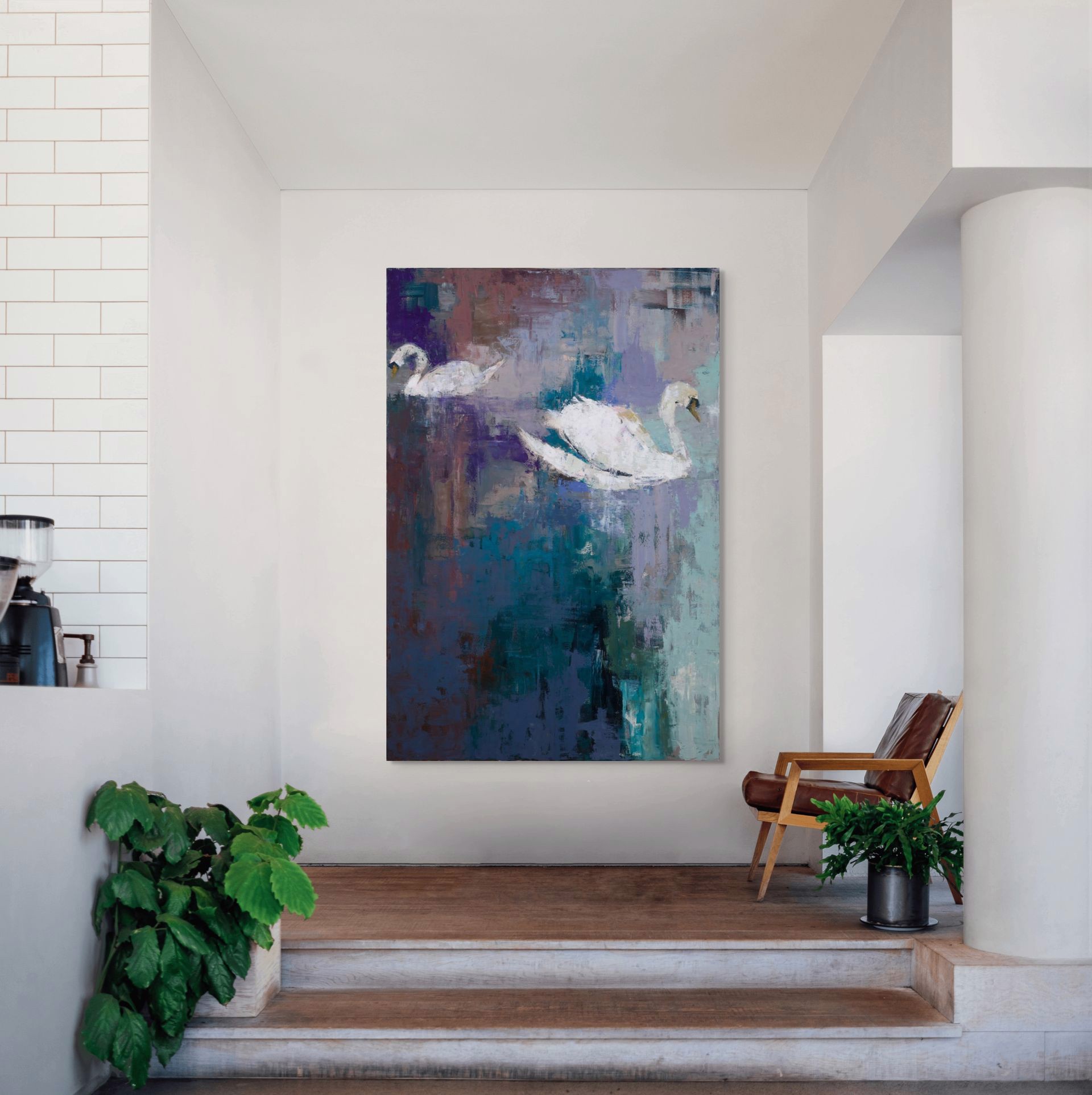 A painting of two white swans floating in a body of water.