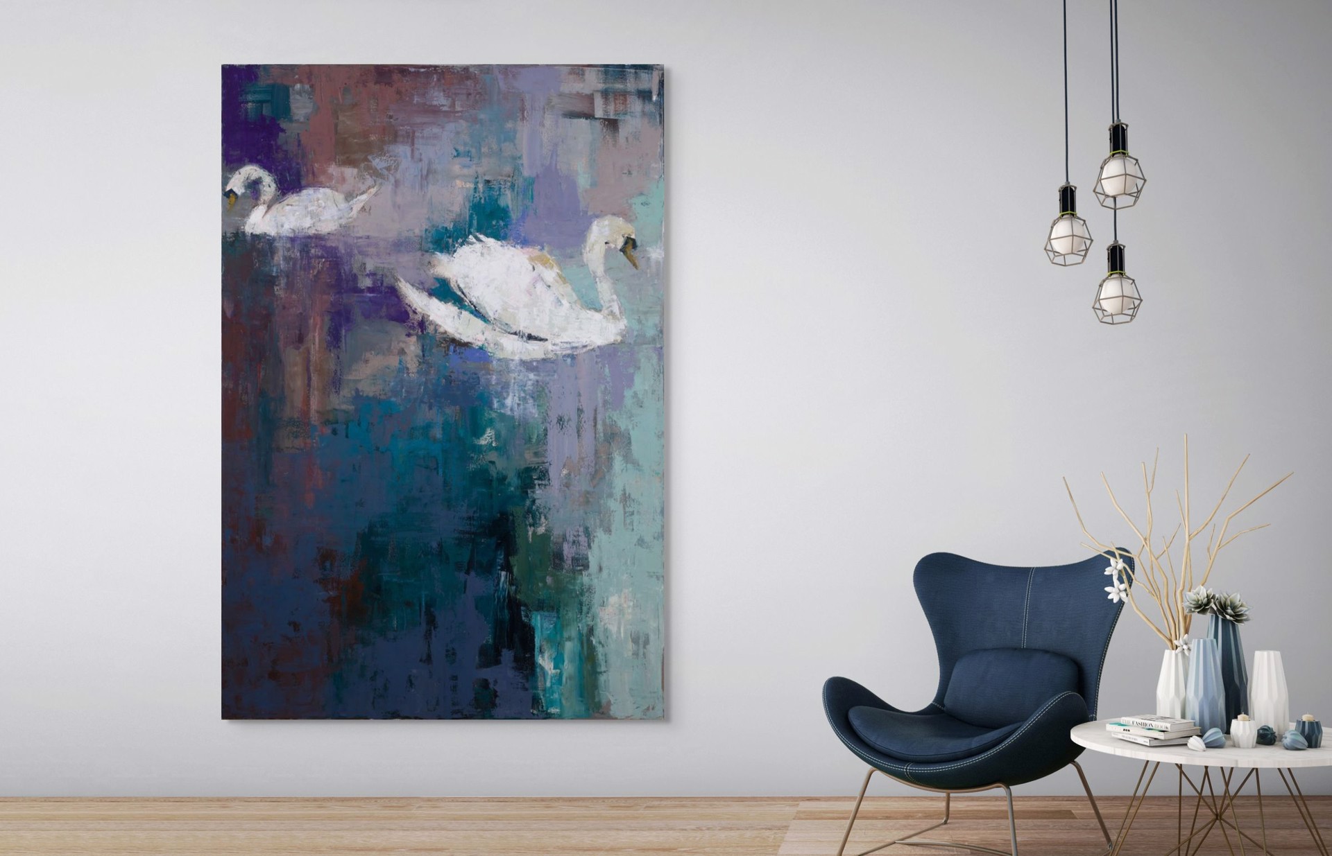 A painting of two white swans floating in a body of water.
