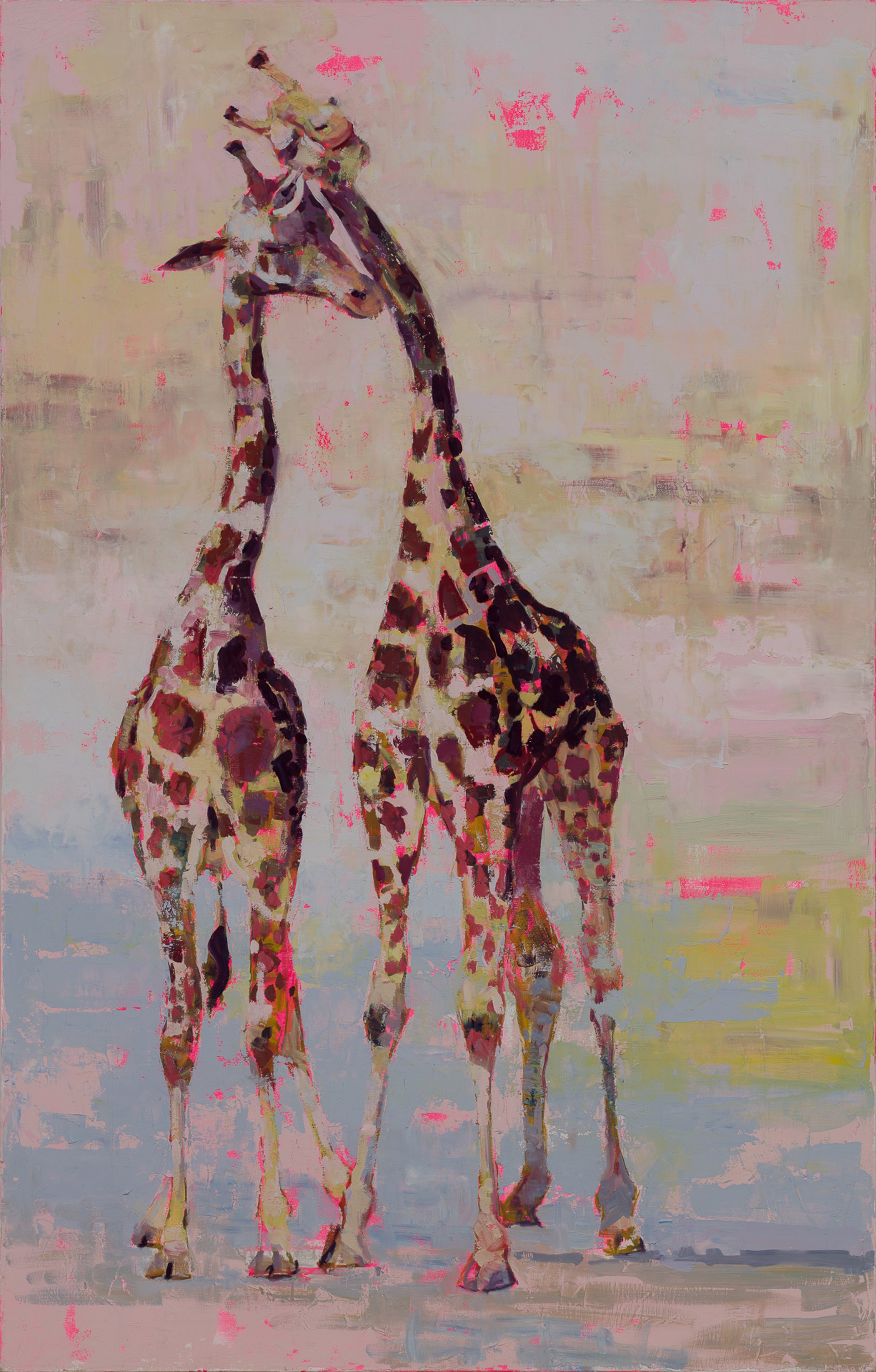 A painting of two giraffes standing next to each other.
