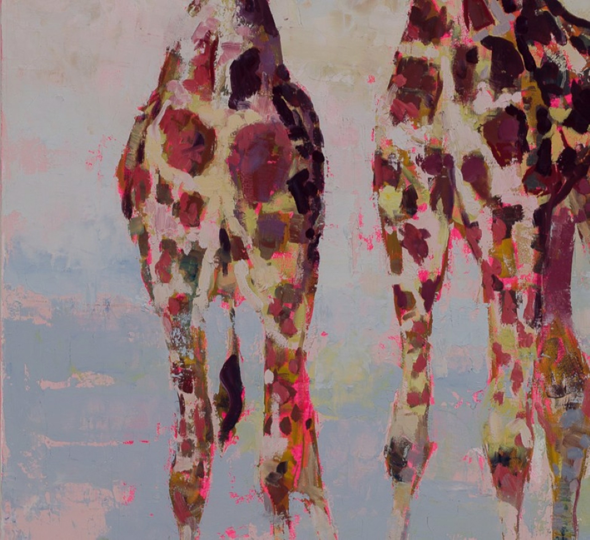 A painting of two giraffes standing next to each other.