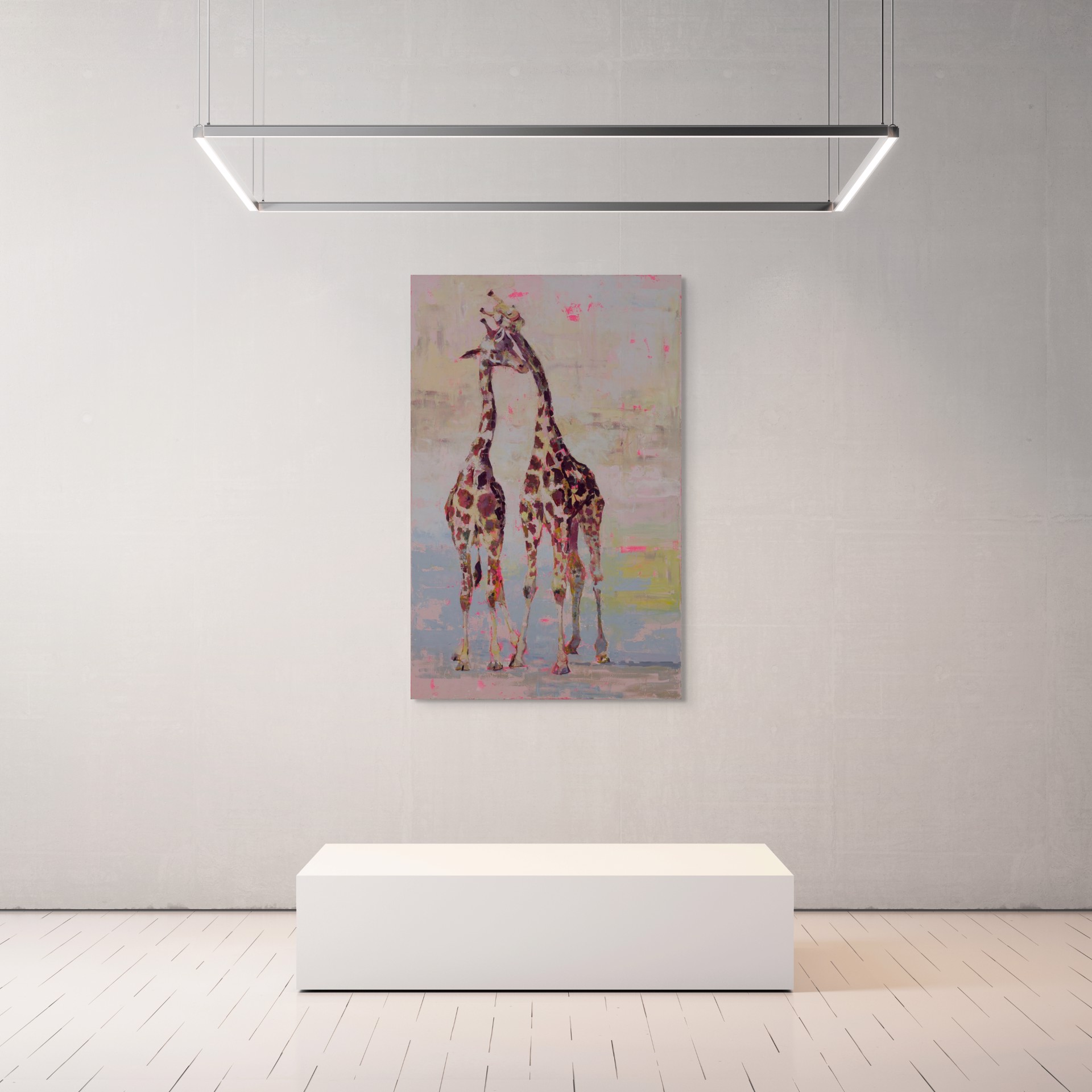 A painting of two giraffes standing next to each other.