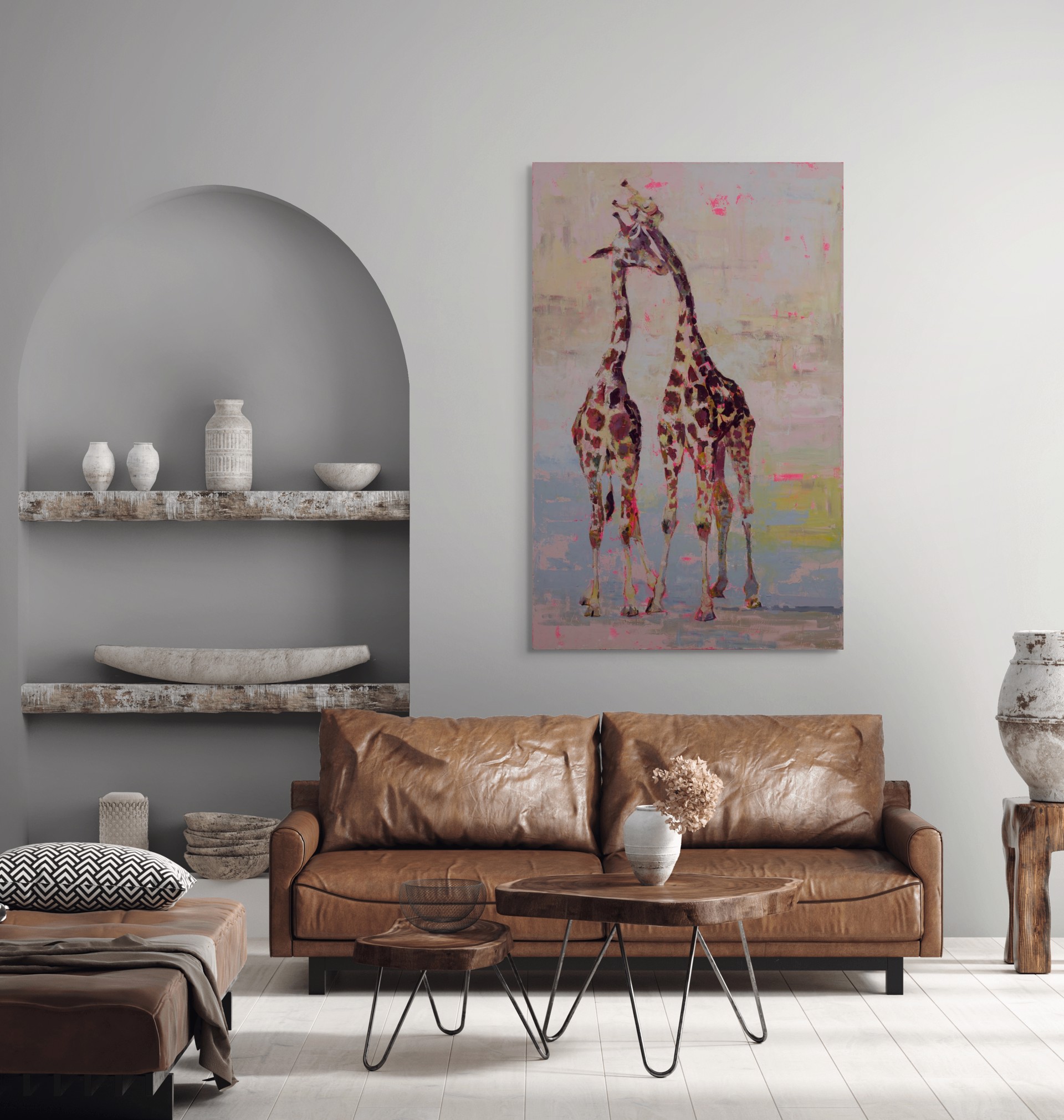 A painting of two giraffes standing next to each other.