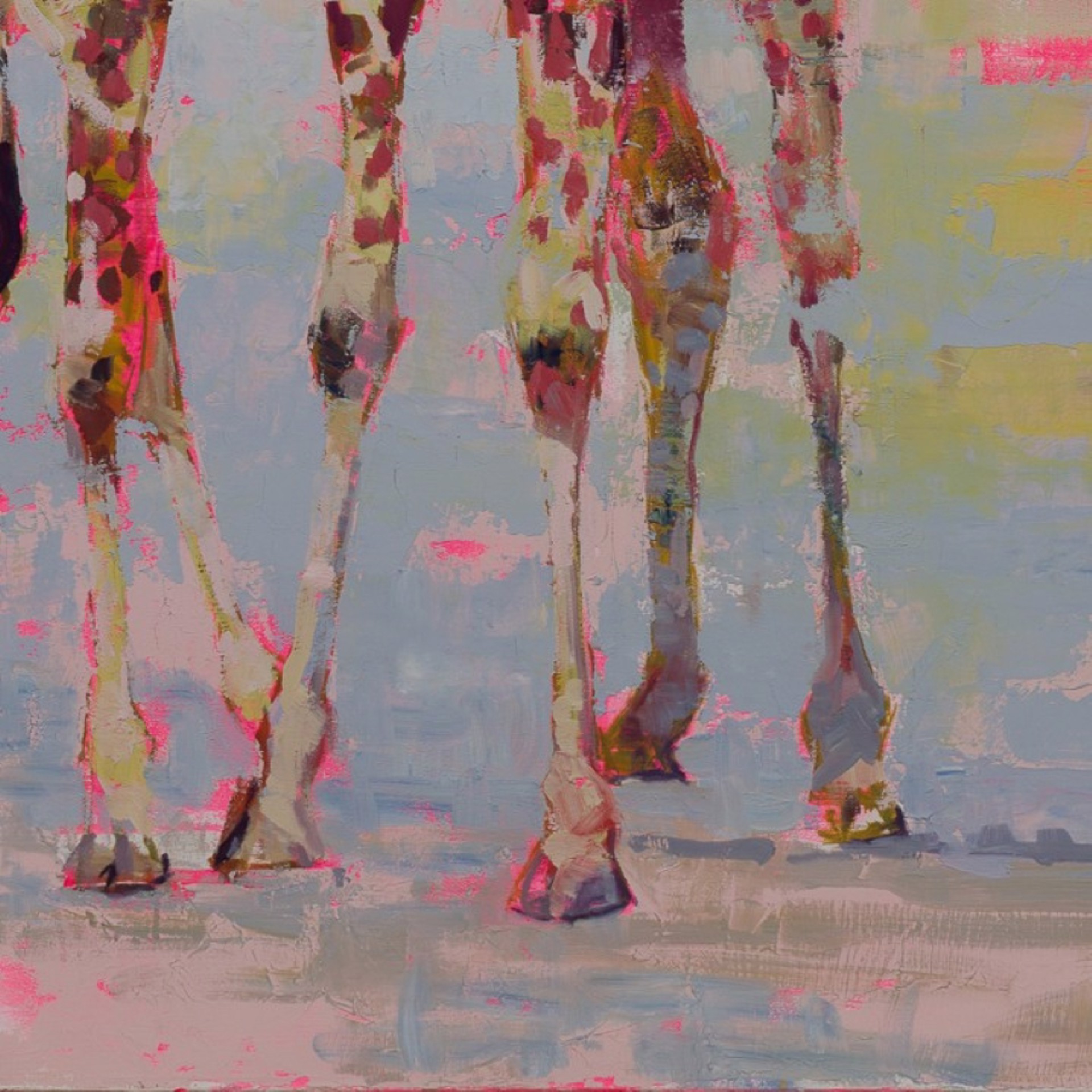 A painting of two giraffes standing next to each other.