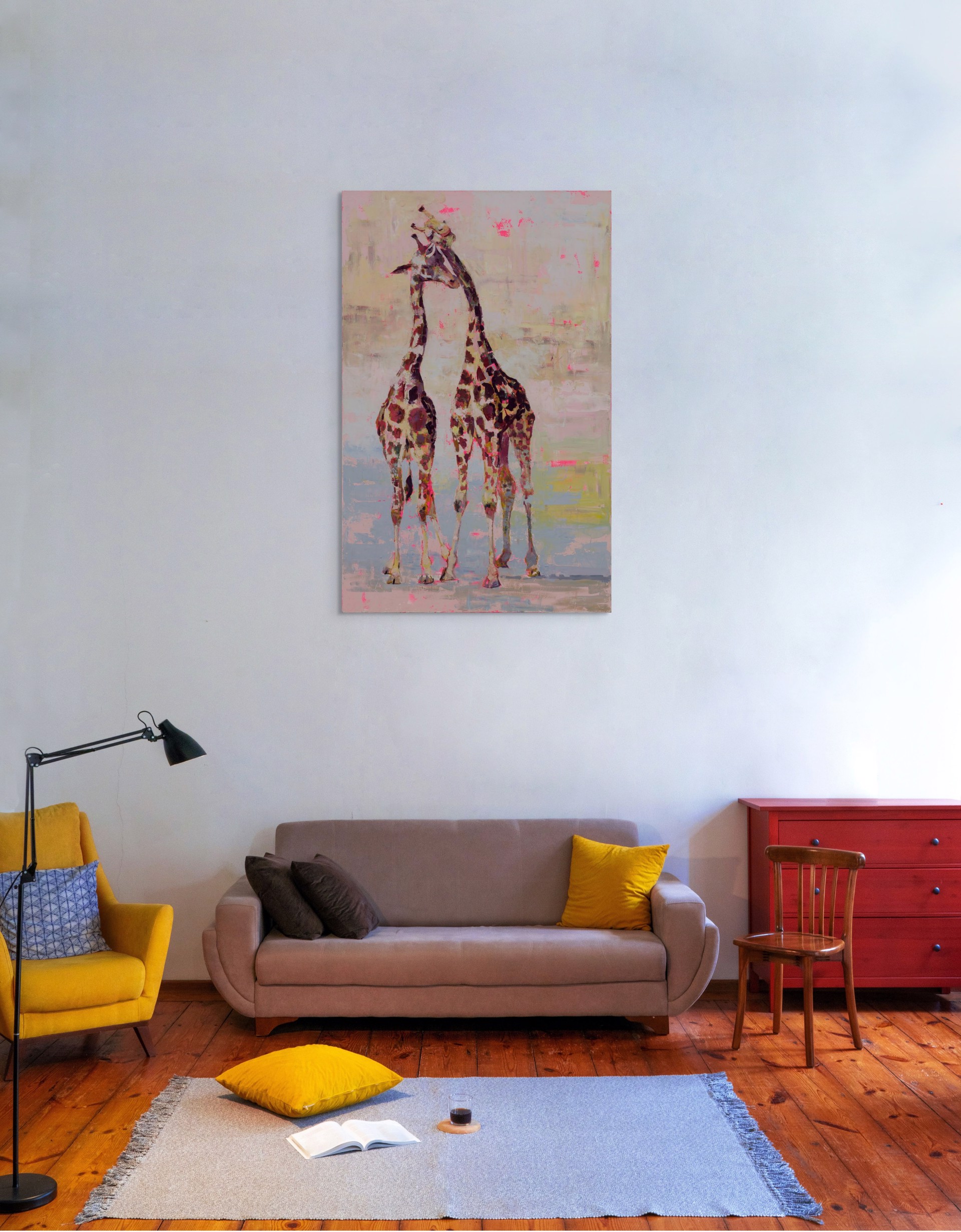 A painting of two giraffes standing next to each other.