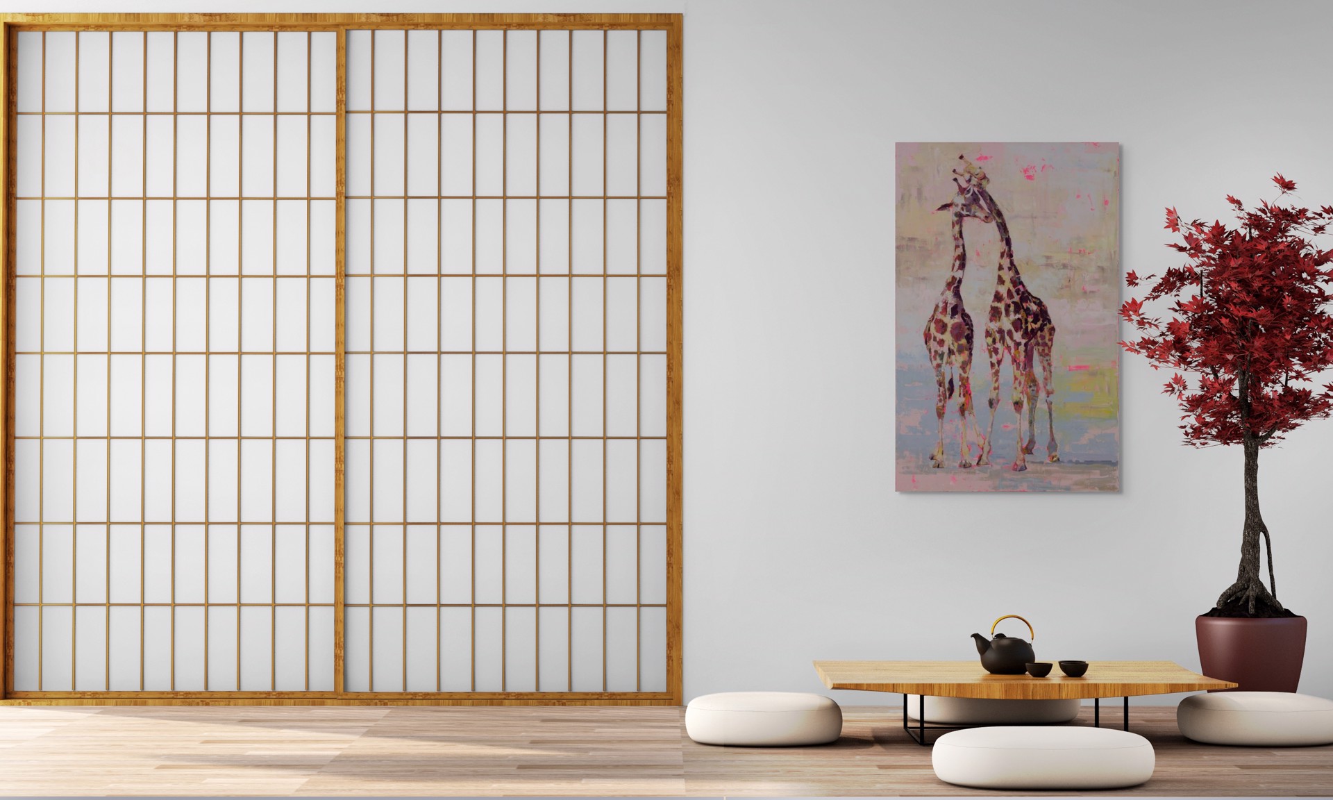 A painting of two giraffes standing next to each other.
