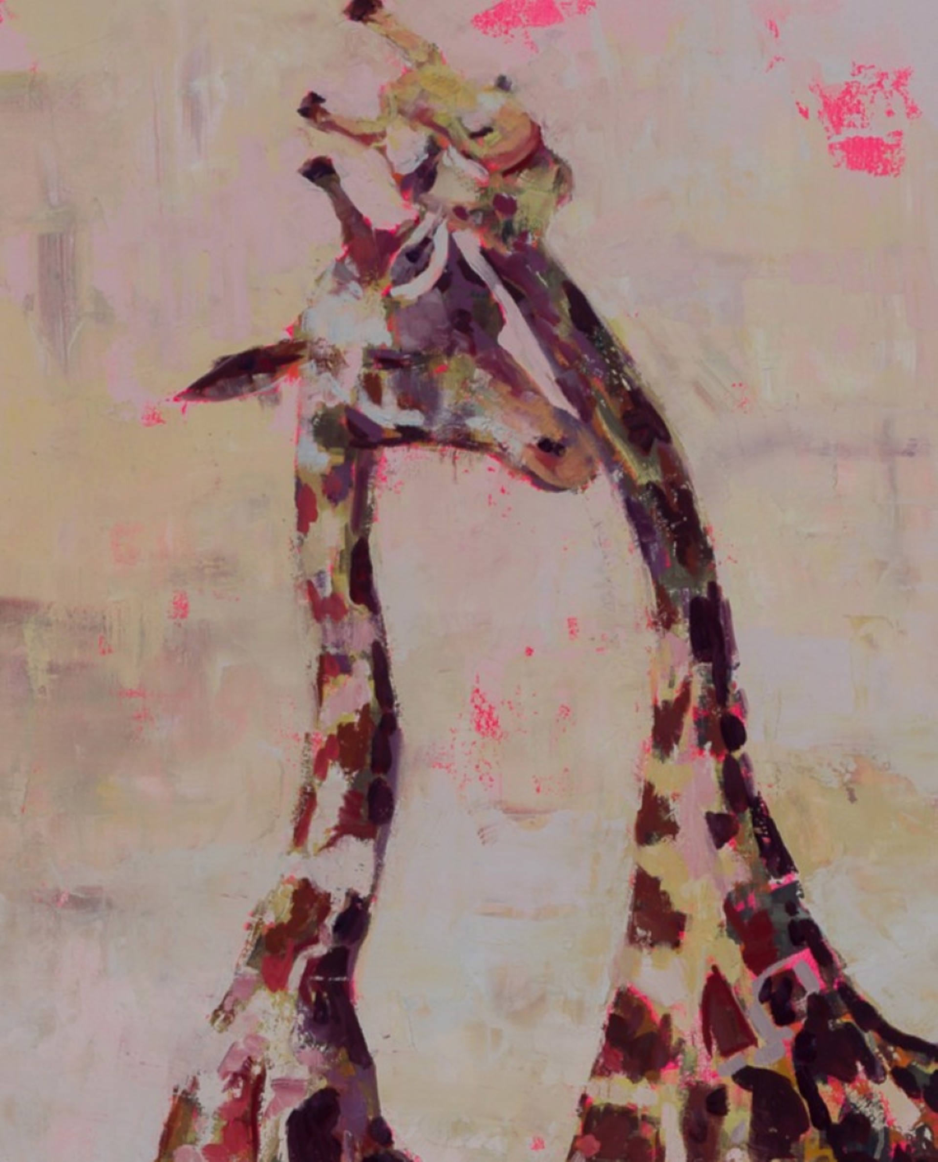 A painting of two giraffes standing next to each other.