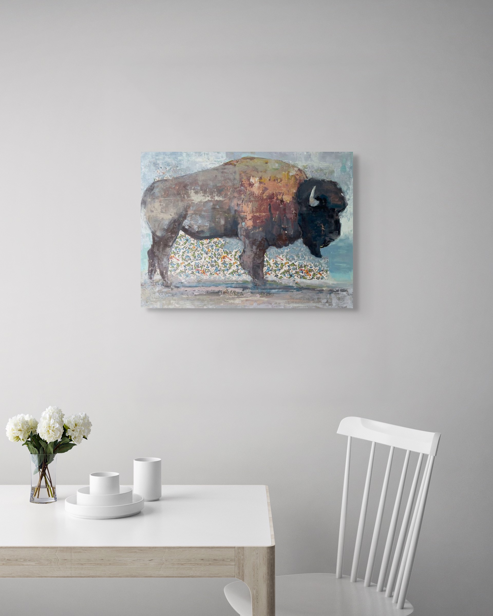 A painting of a bison standing in front of a wall.