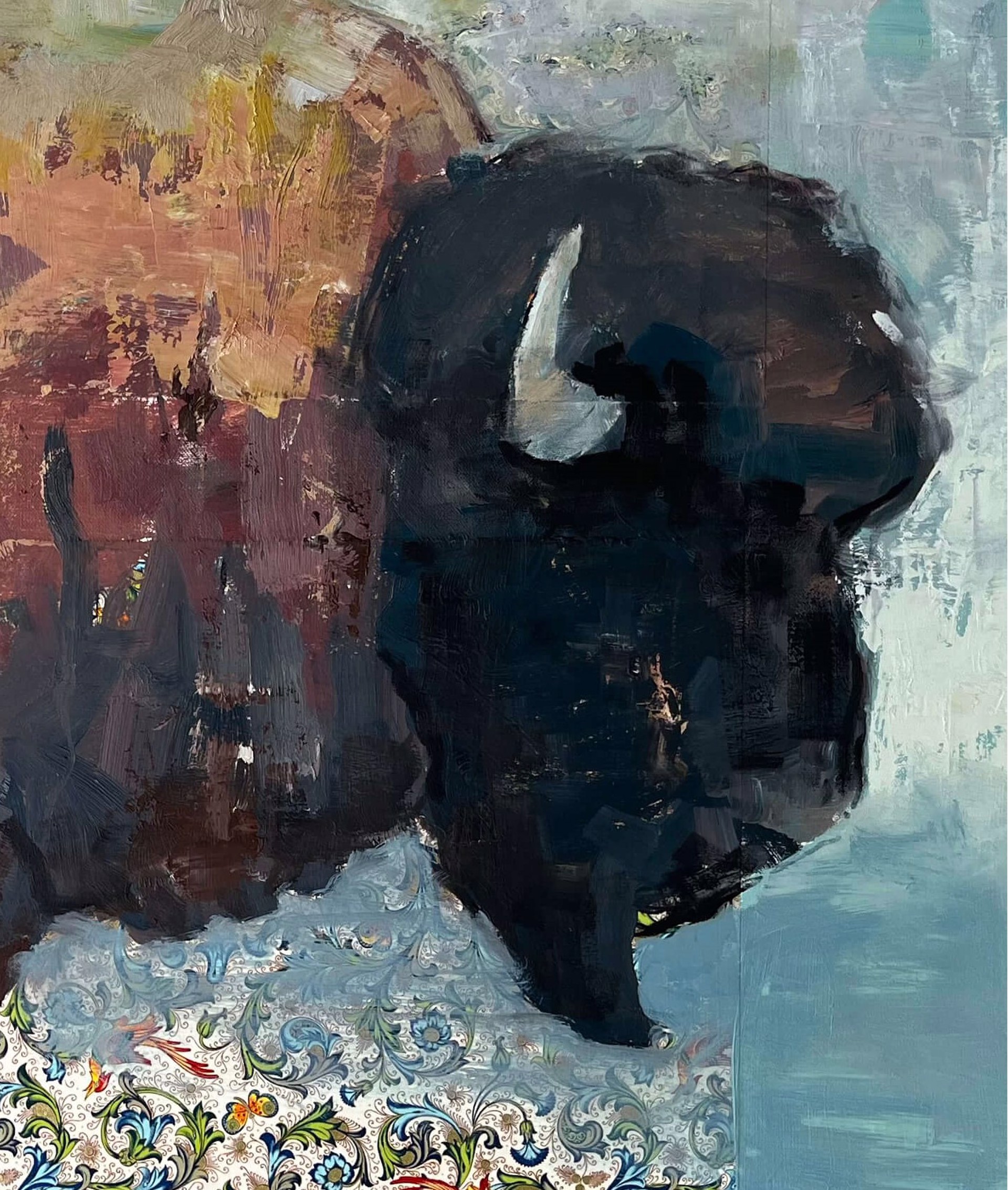 A painting of a bison standing in front of a wall.
