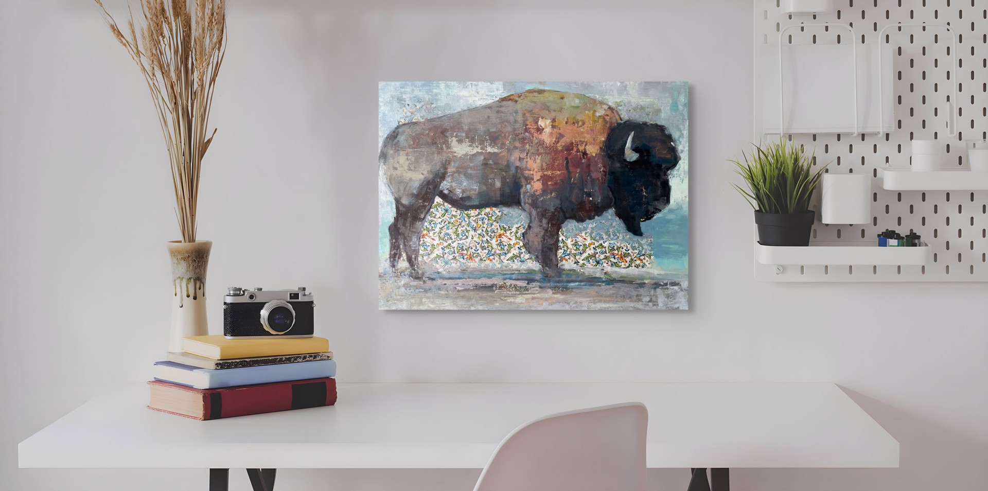 A painting of a bison standing in front of a wall.