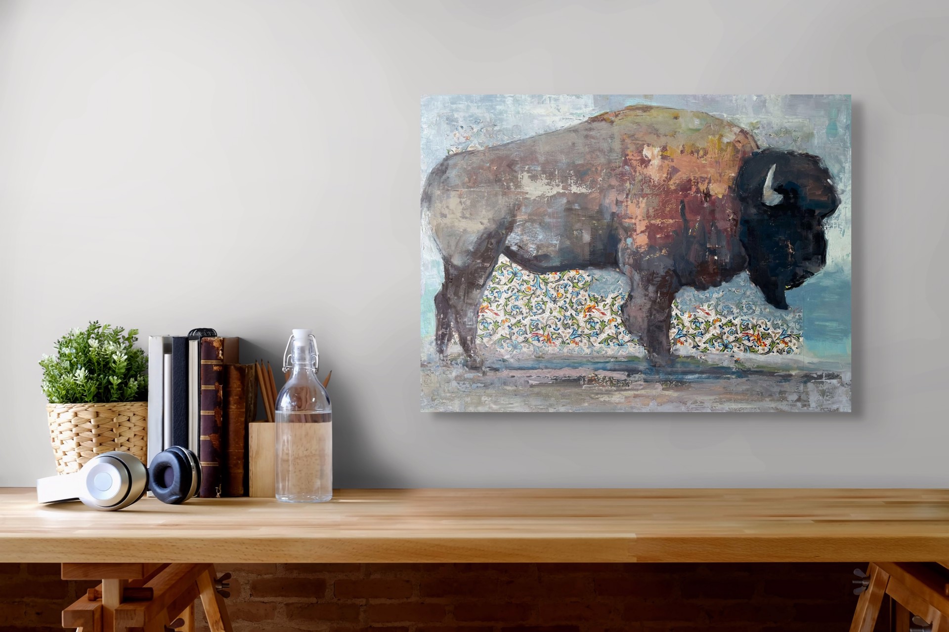 A painting of a bison standing in front of a wall.