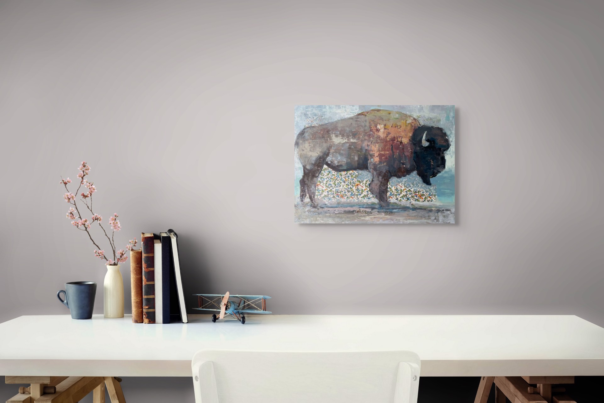 A painting of a bison standing in front of a wall.