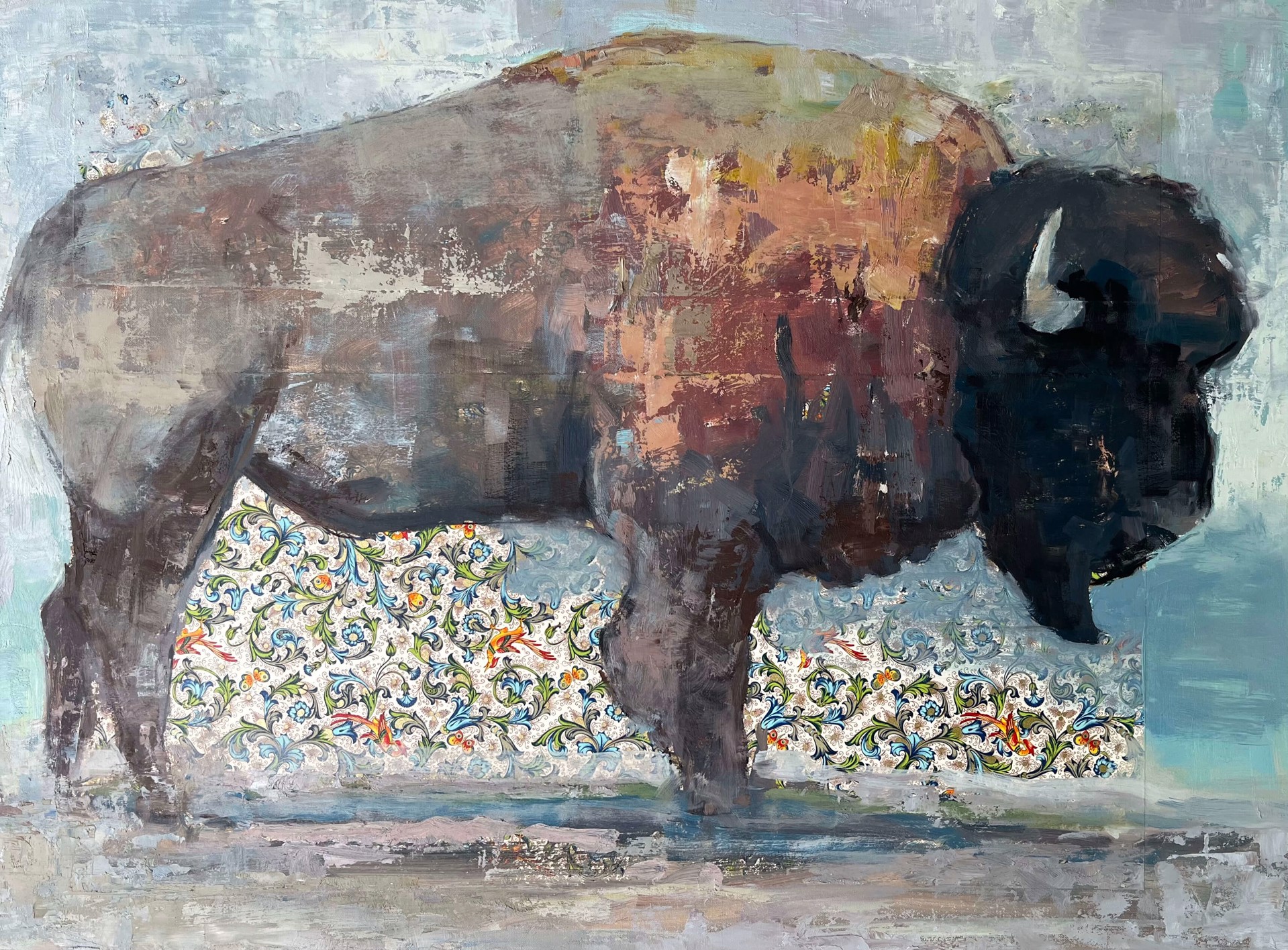 A painting of a bison standing in front of a wall.