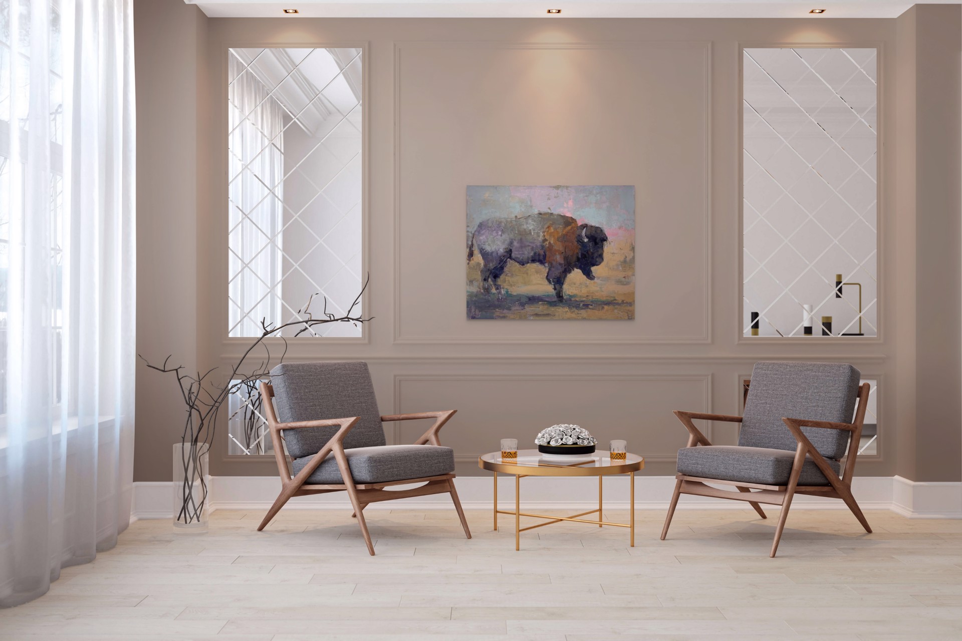 A painting of a bison standing in a field.
