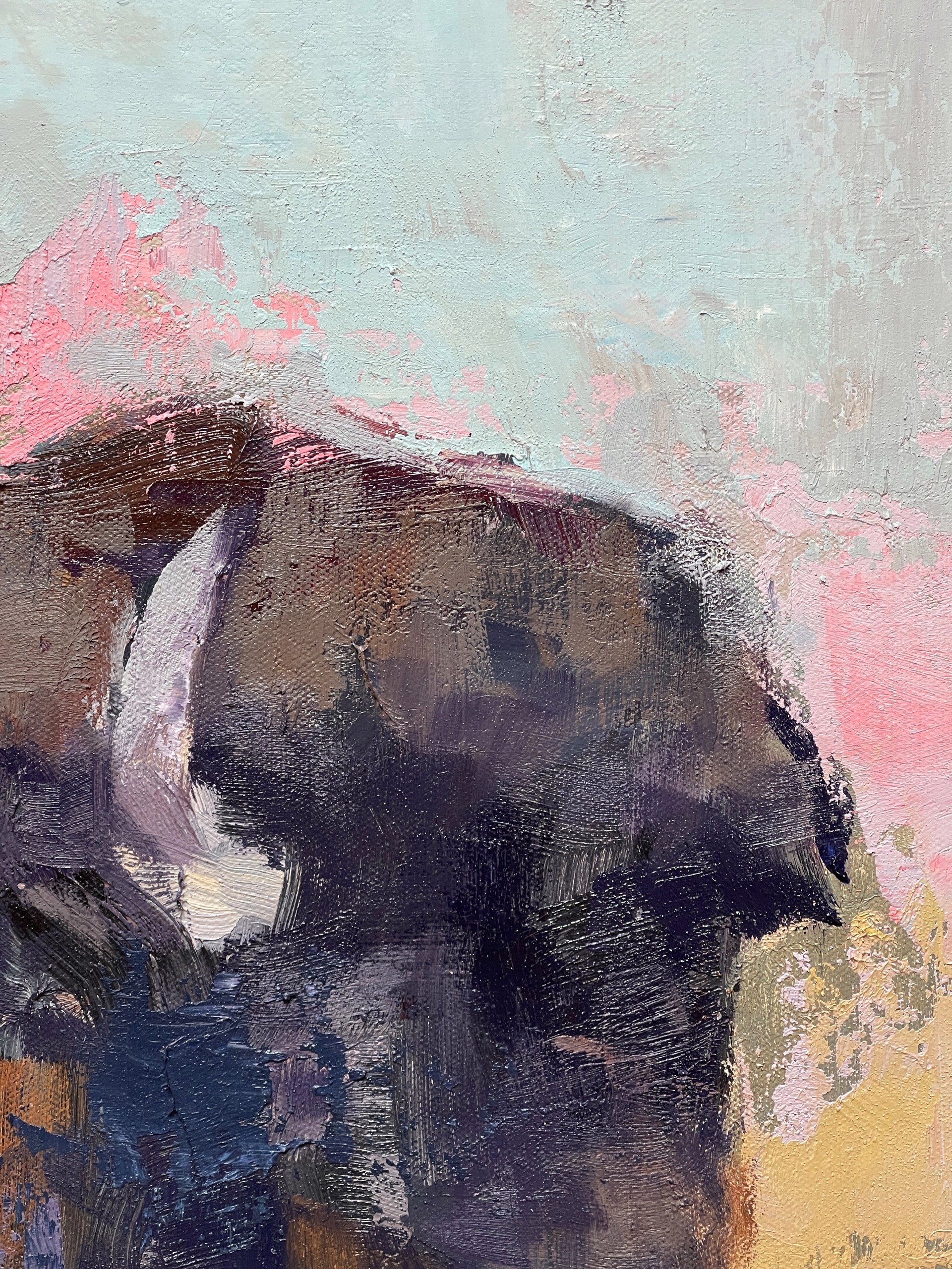 A painting of a bison standing in a field.