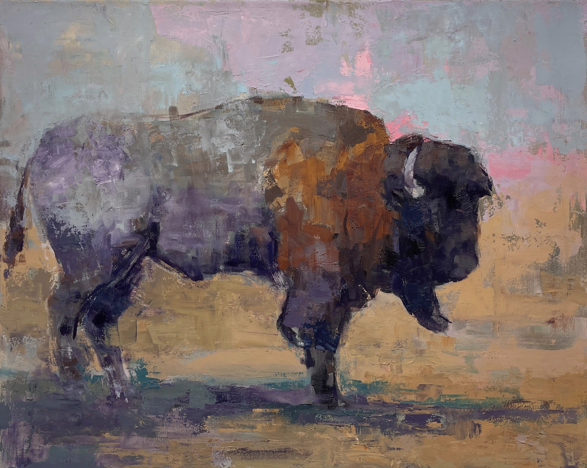 A painting of a bison standing in a field.