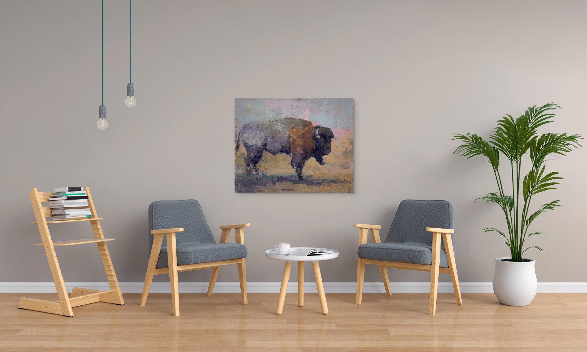 A painting of a bison standing in a field.
