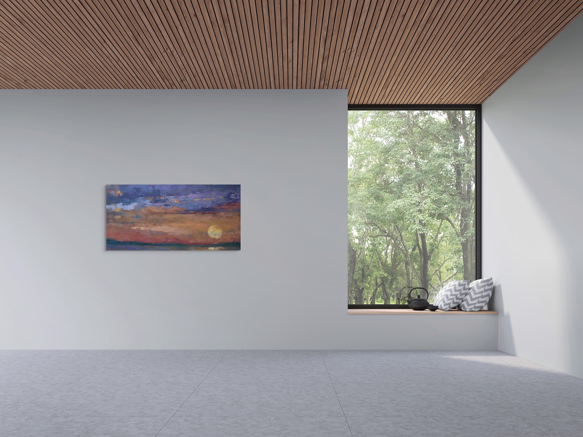 A painting of a sunset over a body of water.