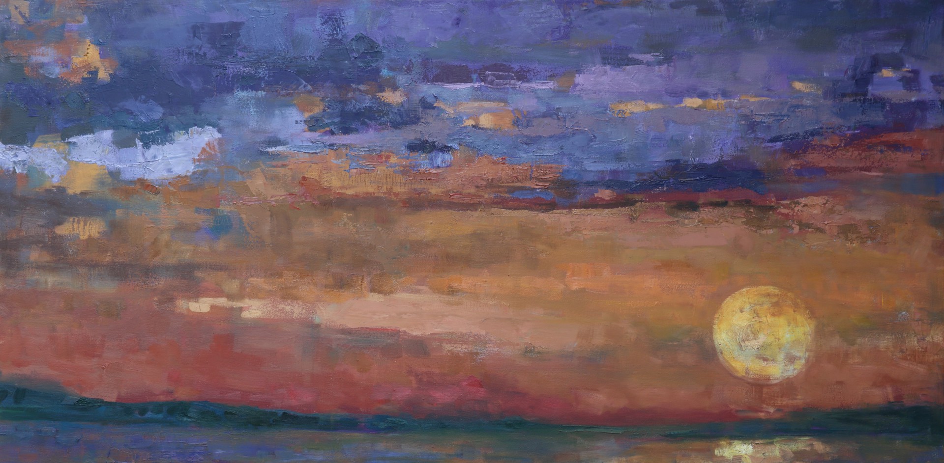 A painting of a sunset over a body of water.