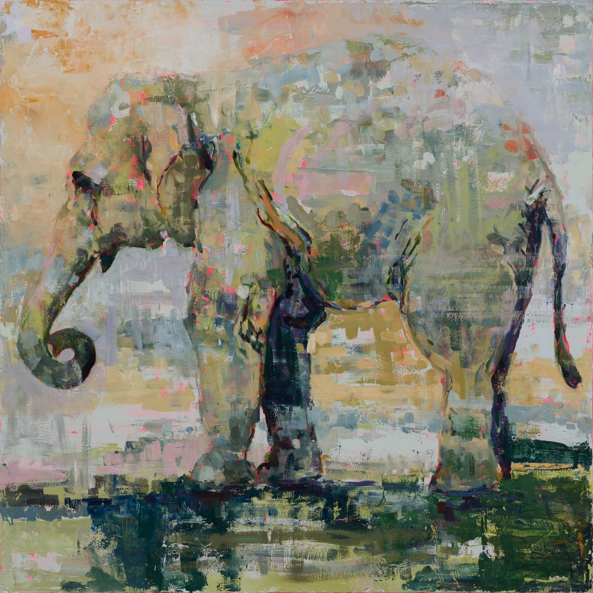 A painting of an elephant standing in a field.