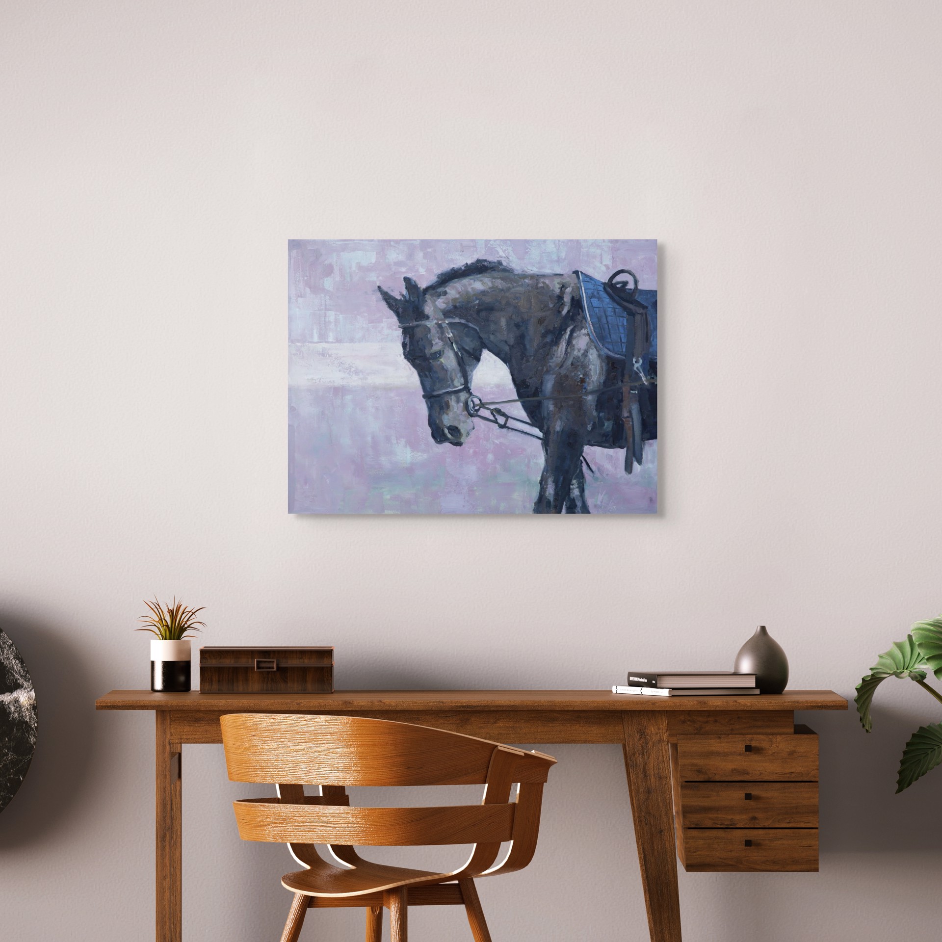 A painting of a horse with a saddle on it's back.