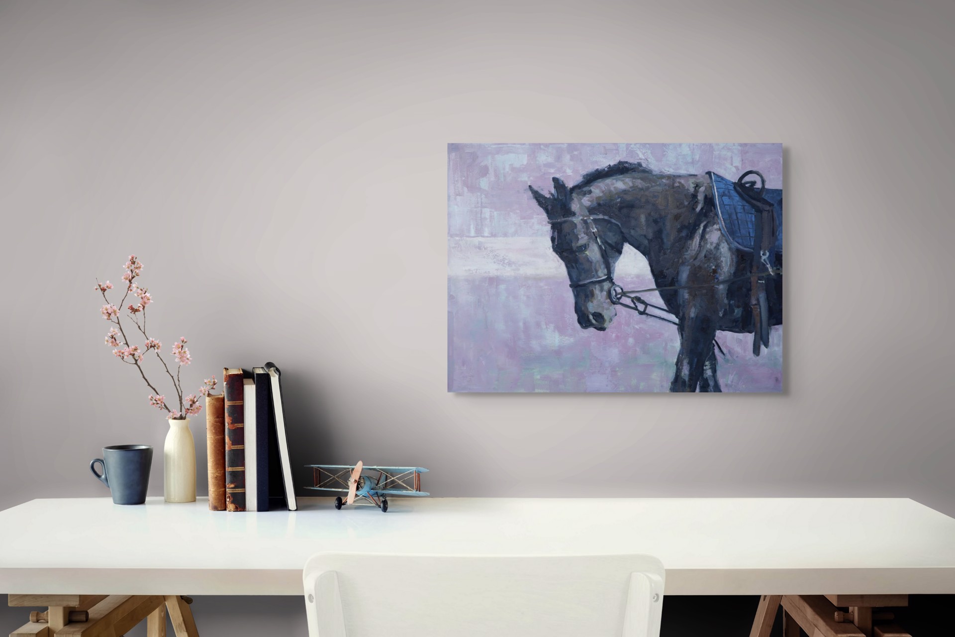 A painting of a horse with a saddle on it's back.