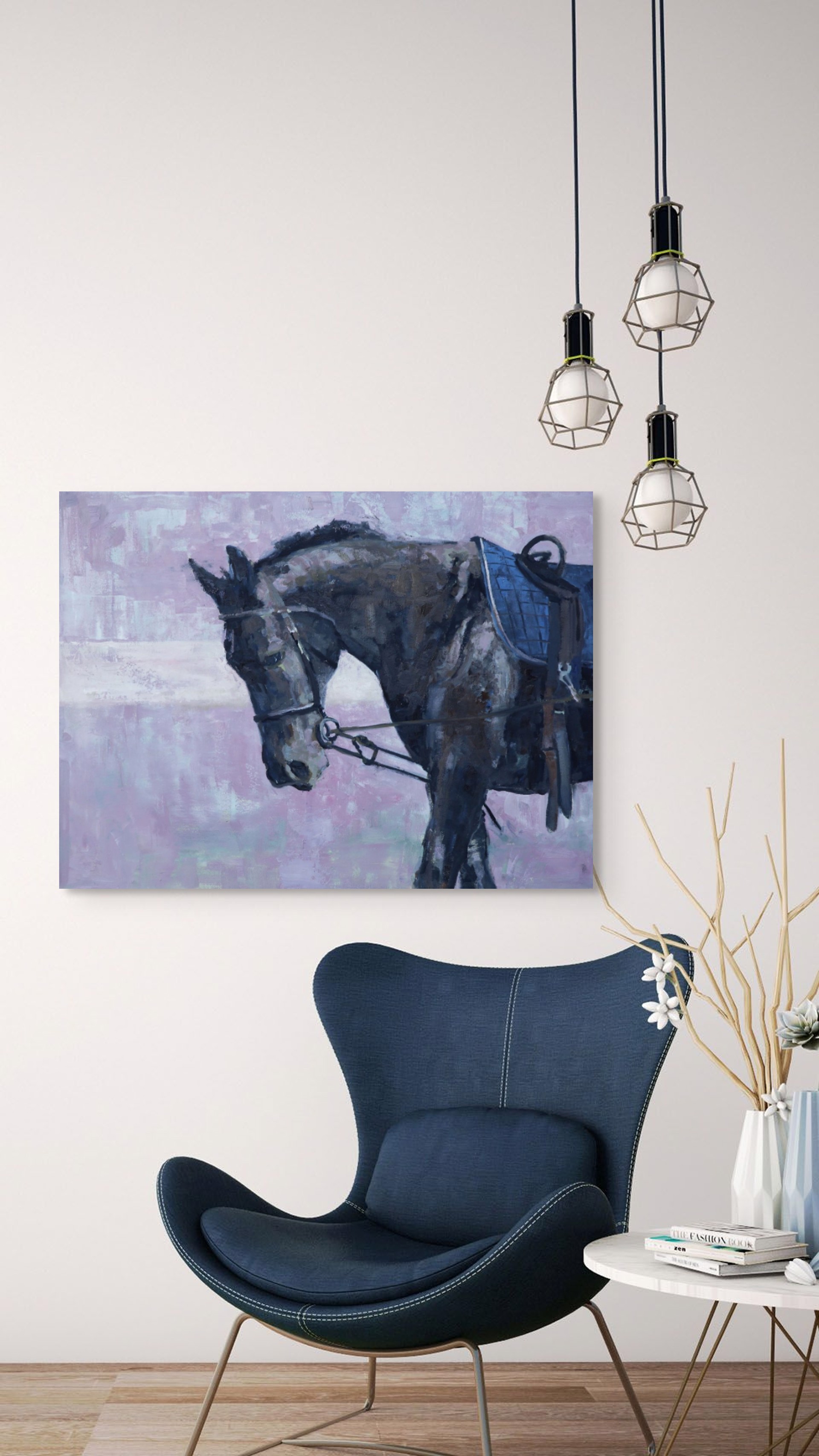 A painting of a horse with a saddle on it's back.