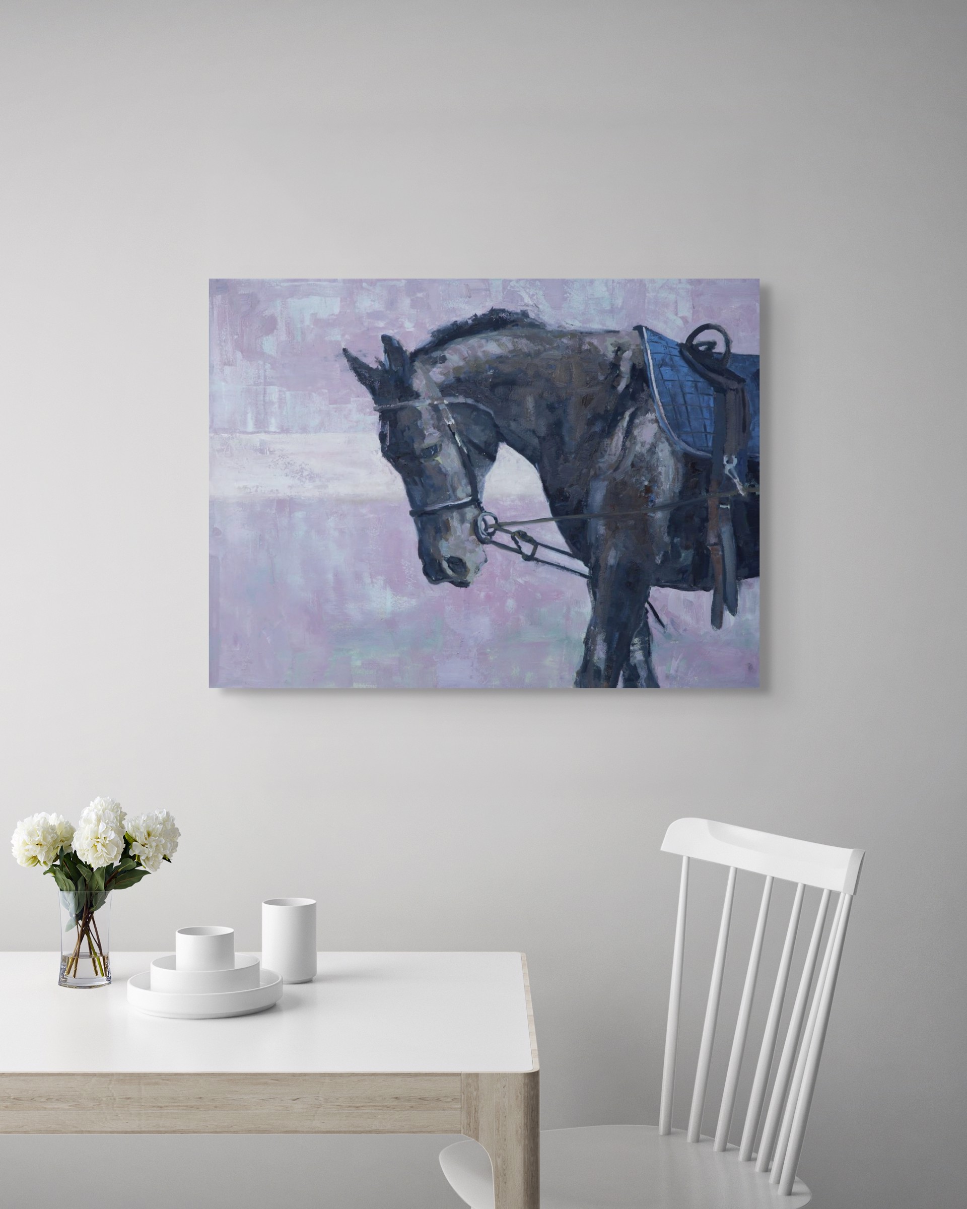 A painting of a horse with a saddle on it's back.