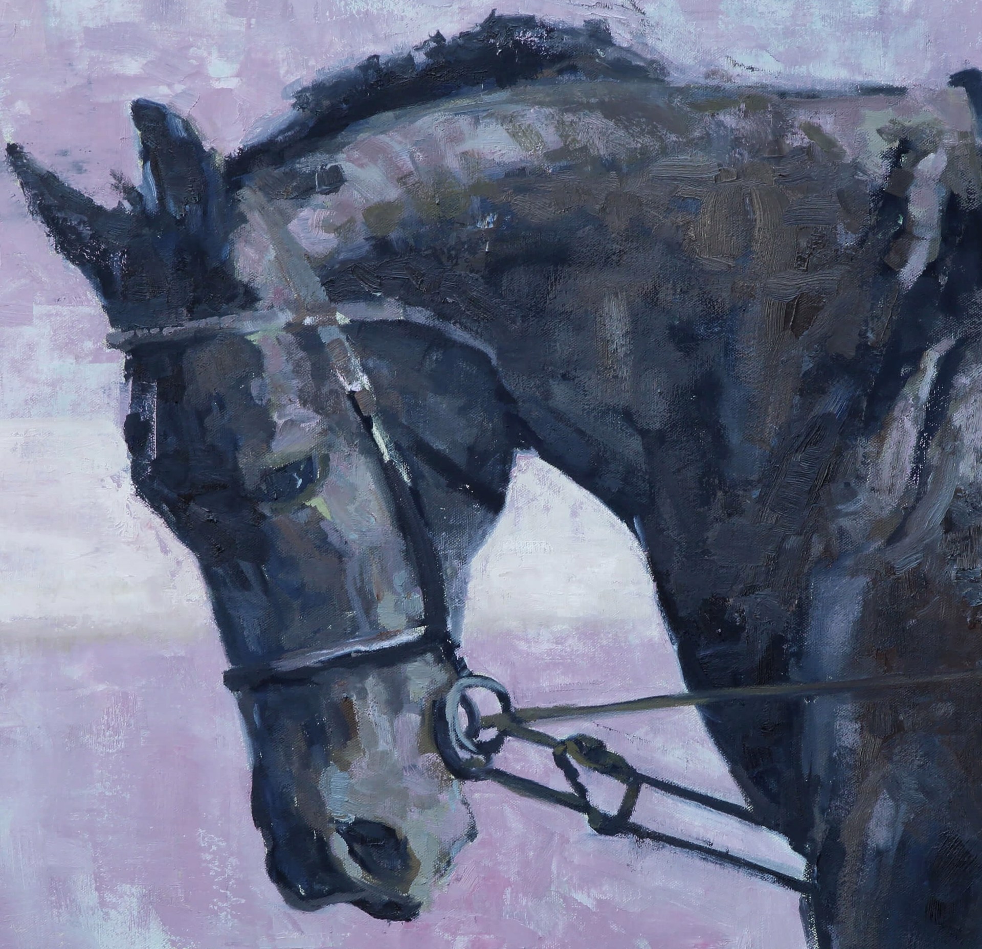 A painting of a horse with a saddle on it's back.