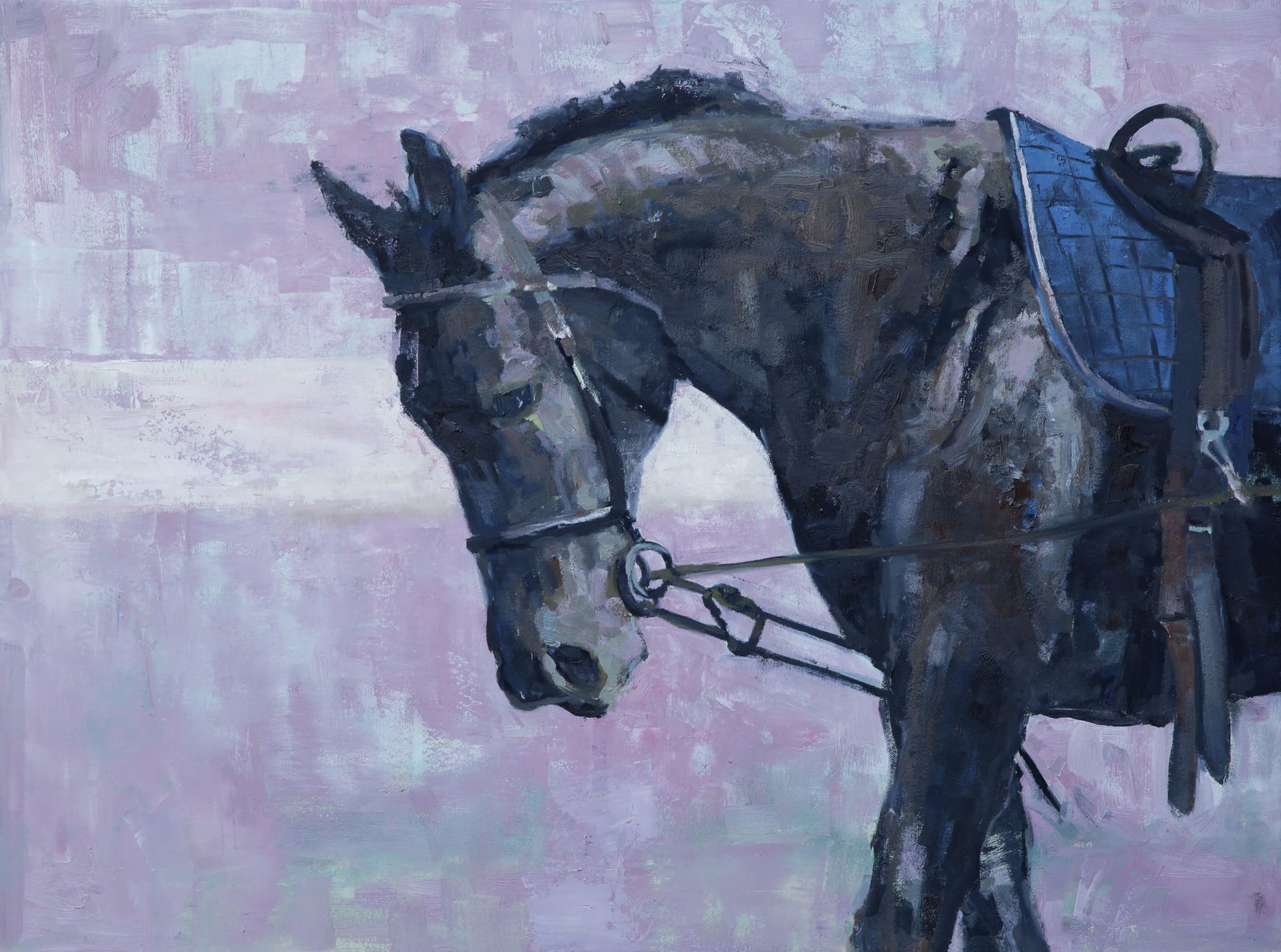 A painting of a horse with a saddle on it's back.