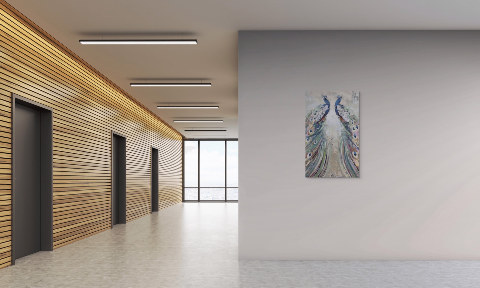 A painting of two peacocks on a beige background.
