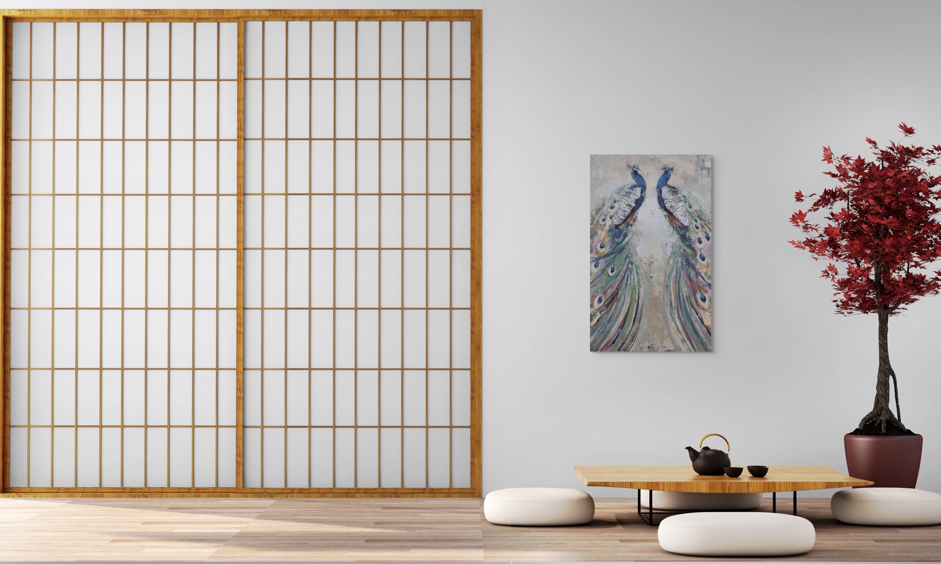 A painting of two peacocks on a beige background.