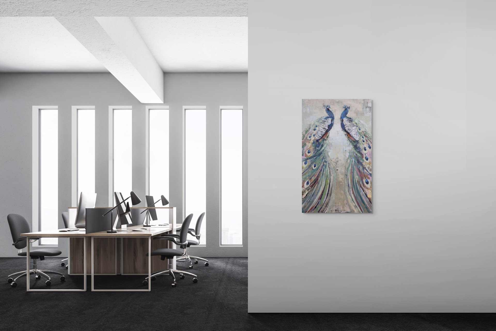 A painting of two peacocks on a beige background.