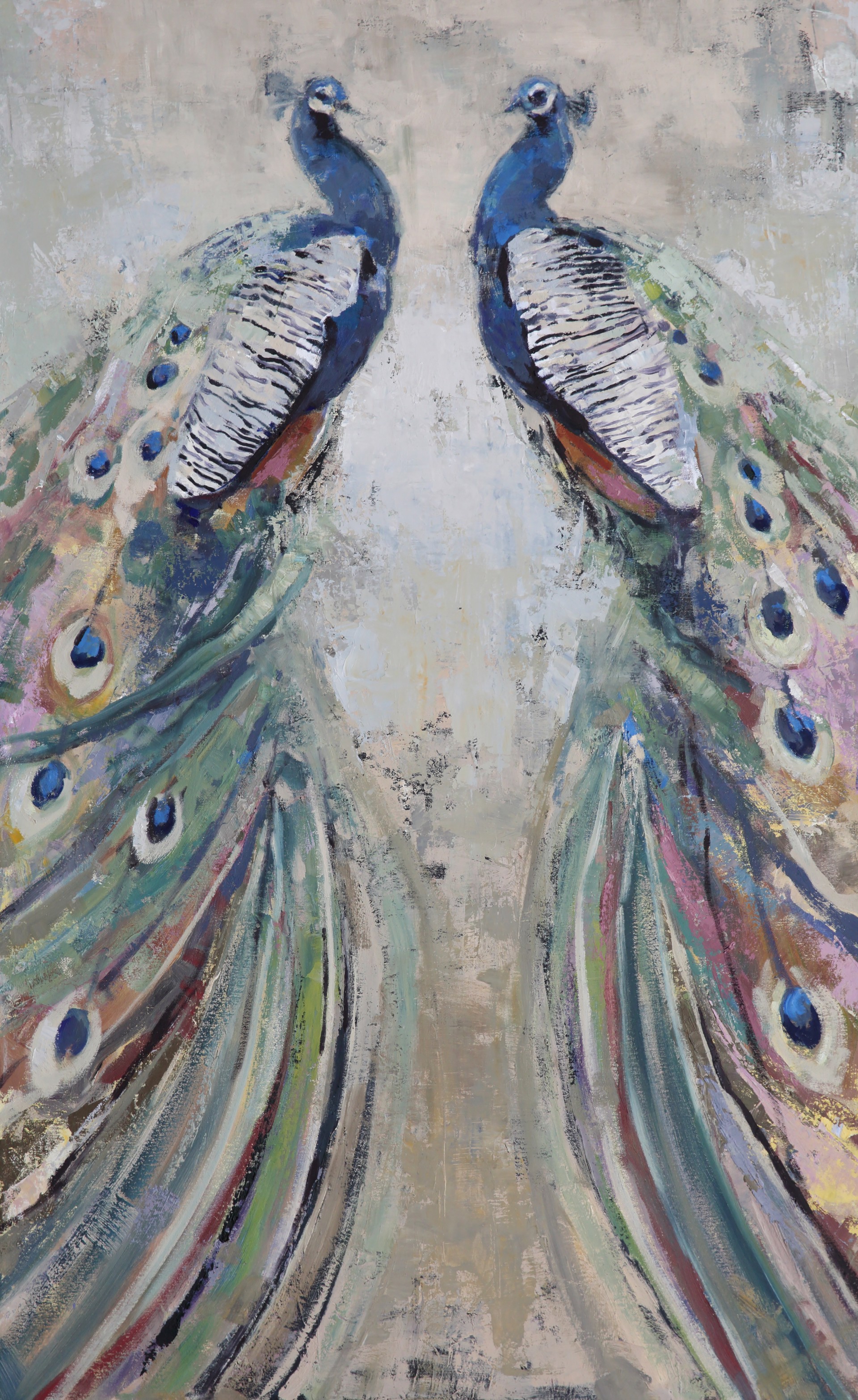 A painting of two peacocks on a beige background.