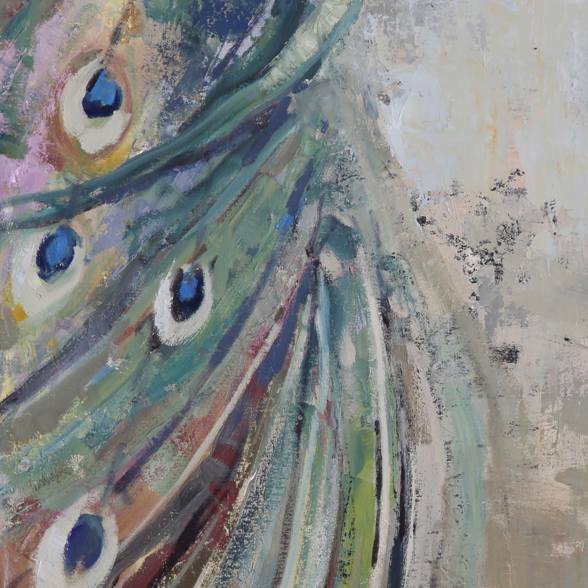 A painting of two peacocks on a beige background.