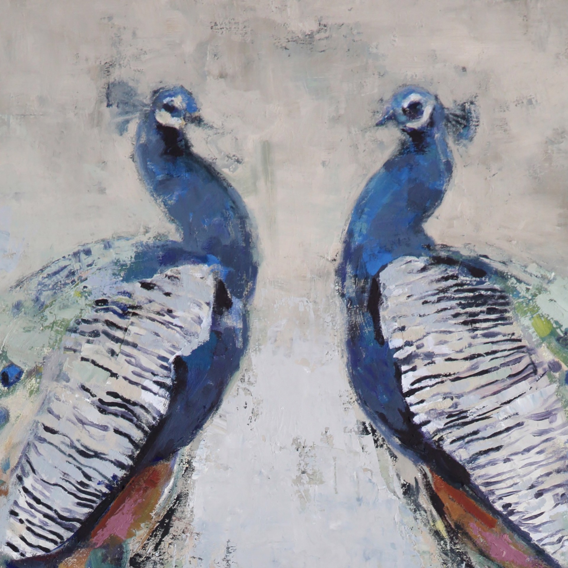 A painting of two peacocks on a beige background.