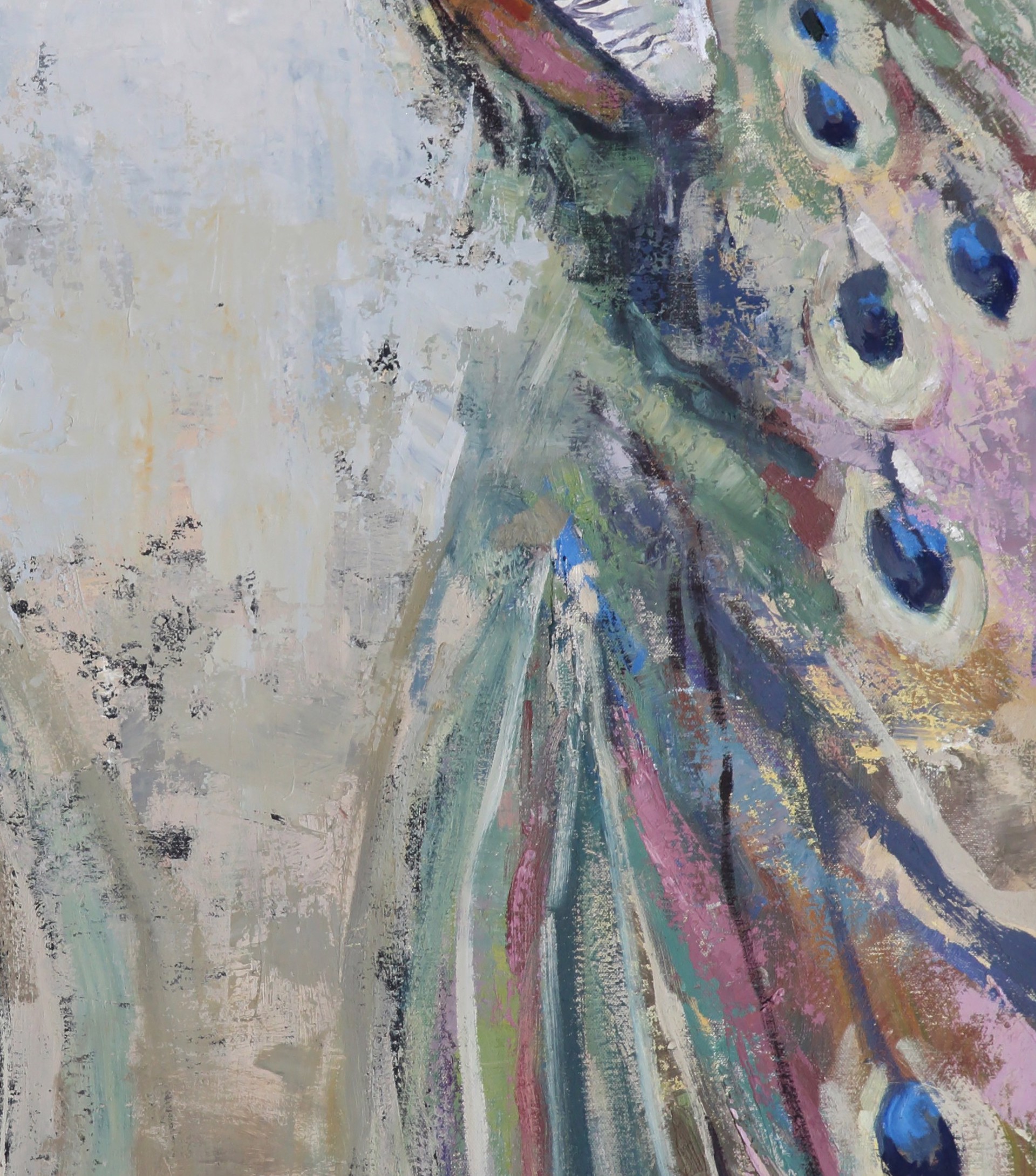 A painting of two peacocks on a beige background.
